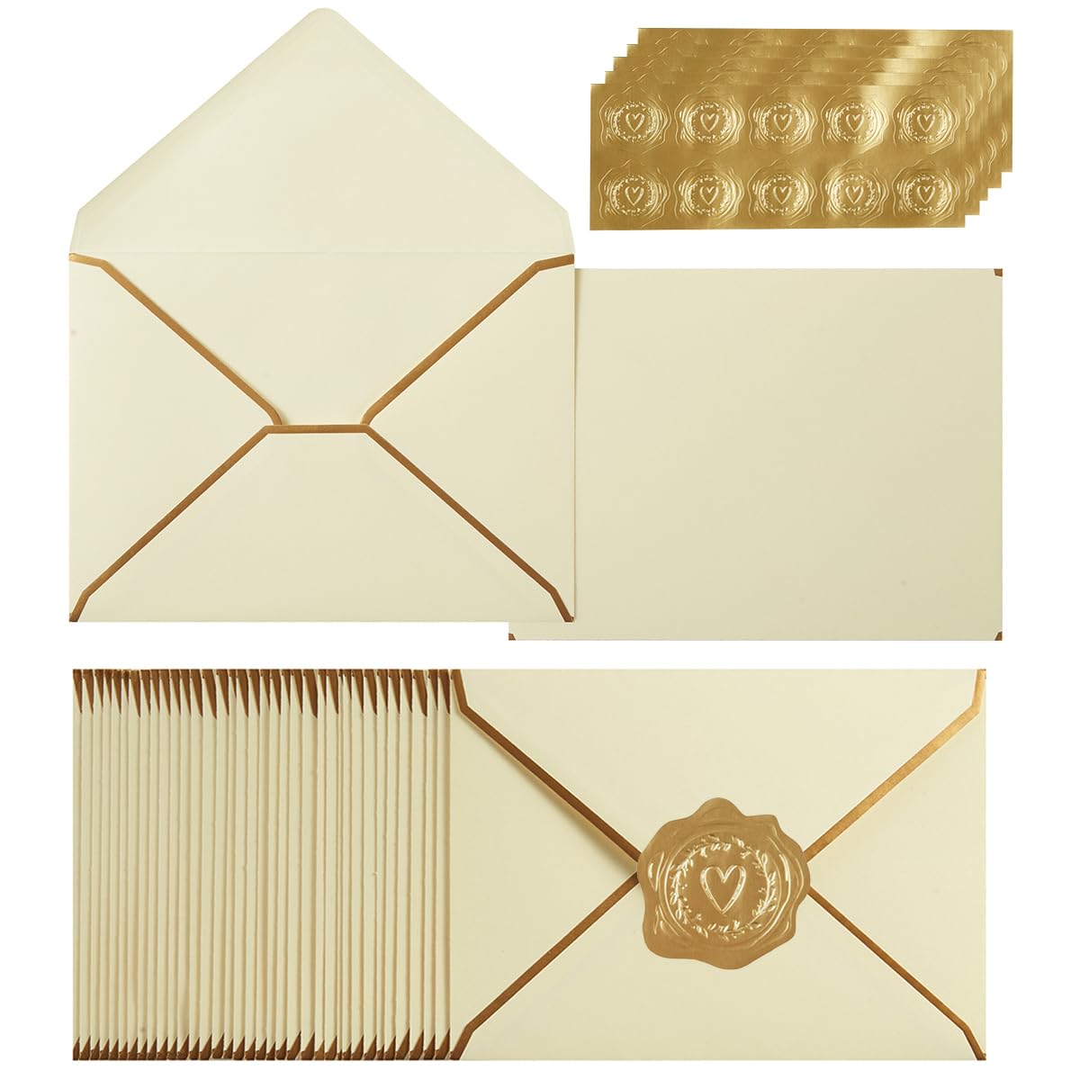 100 Pack A7 Envelopes Cream Color Gold Border