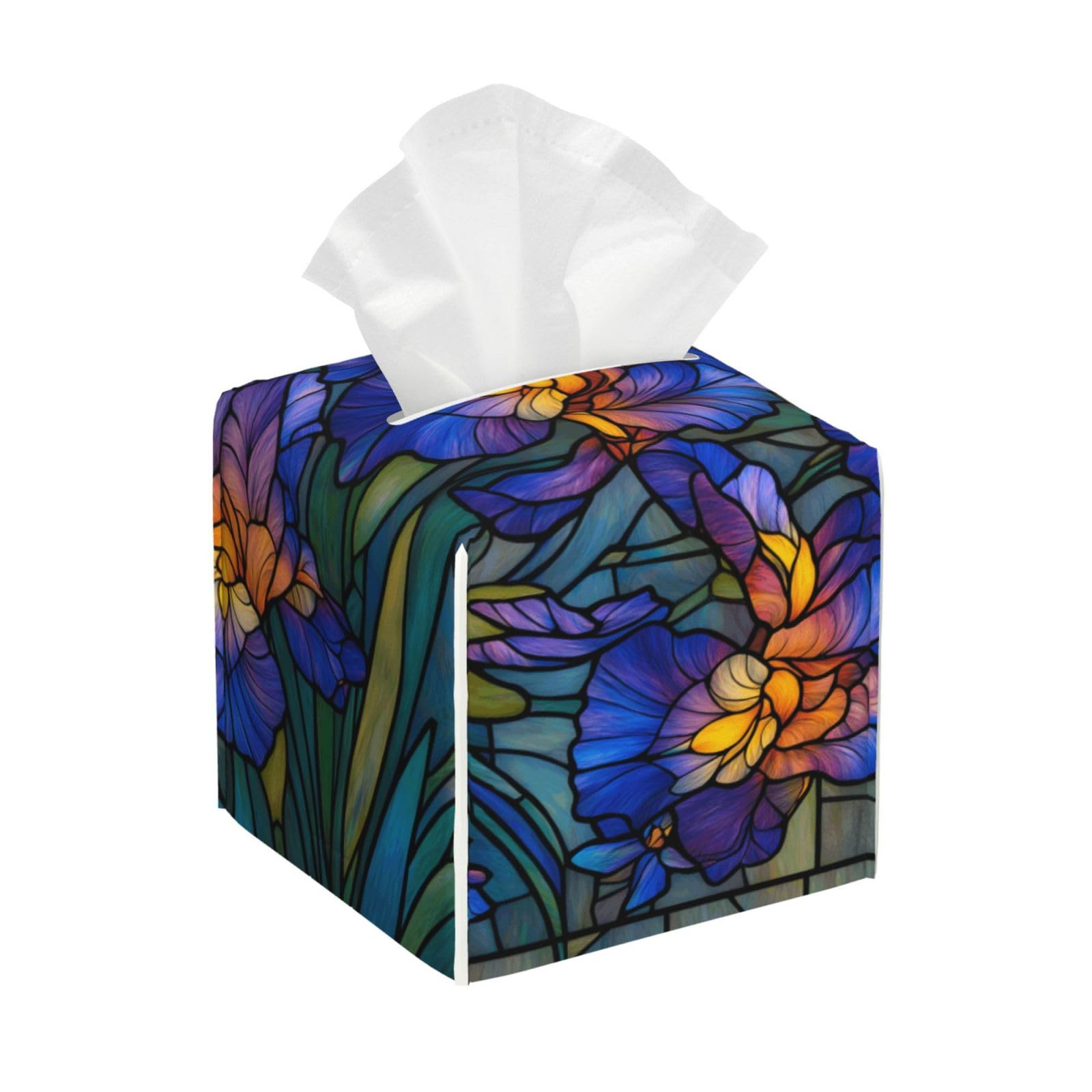 Stained Glass Large Bouquet of Irises Tissue Box Cover Square Pu Leather Waterproof Tissue Box Holder for Car Bathroom Bedroom Office Tabletop Decor