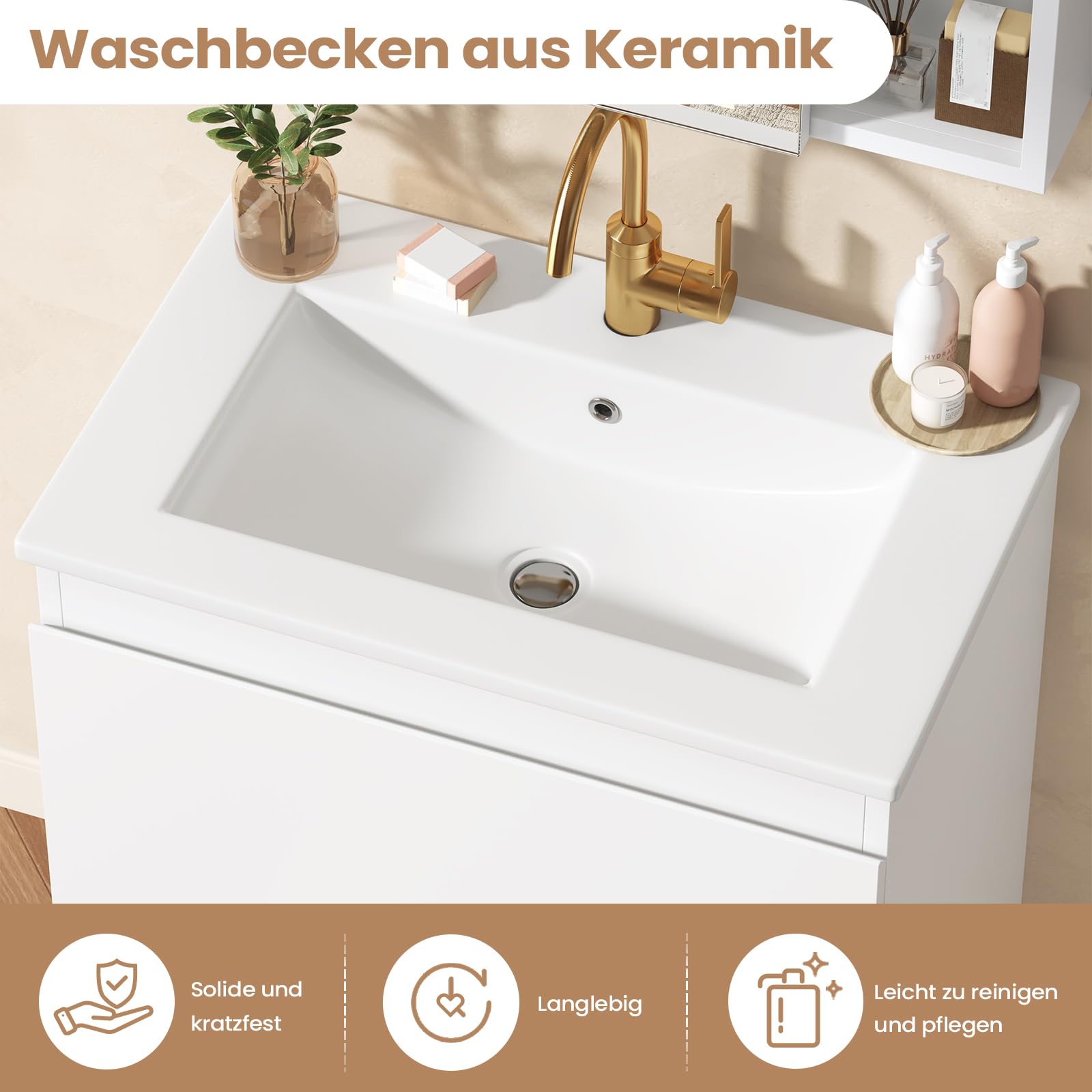 KIMENICH Waschtisch mit Unterschrank 60 cm, Waschbeckenunterschrank, Badezimmerschrank mit 2 großen Schubladen, Unterschrank Waschbecken mit Füßen, Viel Stauraum, 61 x 46.5 x 87 cm, Weiß