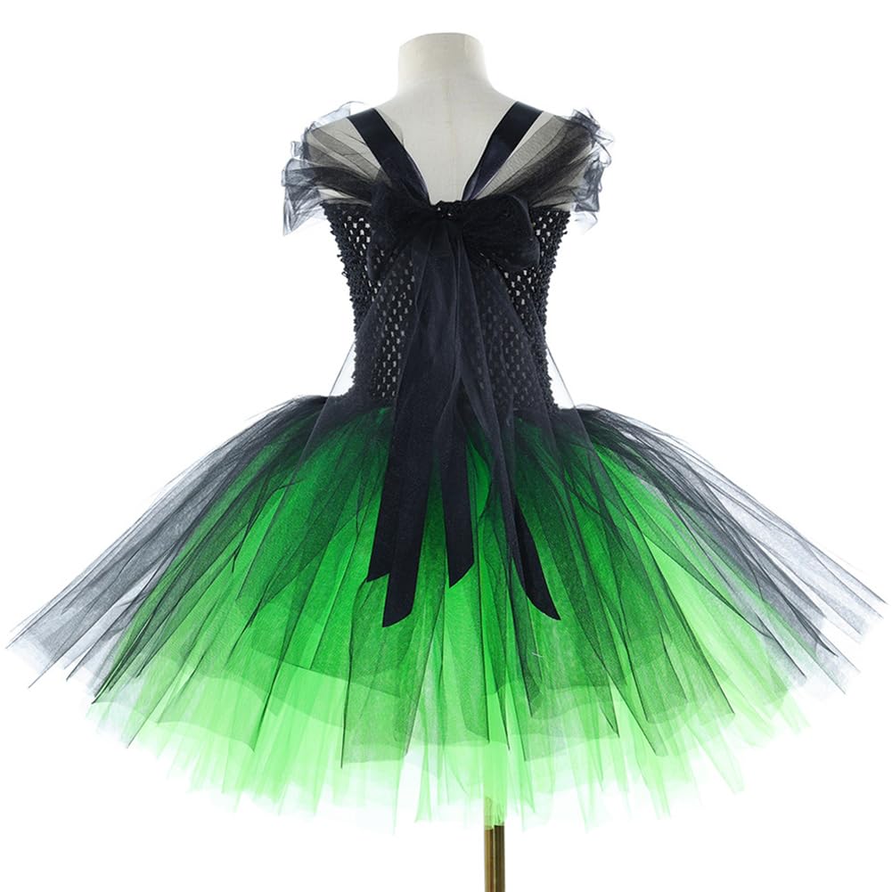 AGYMNX Witch Green Costume Kids Halloween Costume for Girls Dress + Hat + Broom 3 Pieces for 2-12 years Kids Girl Carnival Halloween Cosplay Black Green 8-9Years - Image 4