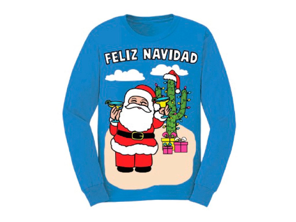 Life Clothing Co. Feliz Navidad Santa Fiesta Light Blue Fleece Ugly Christmas Sweater Sweatshirt