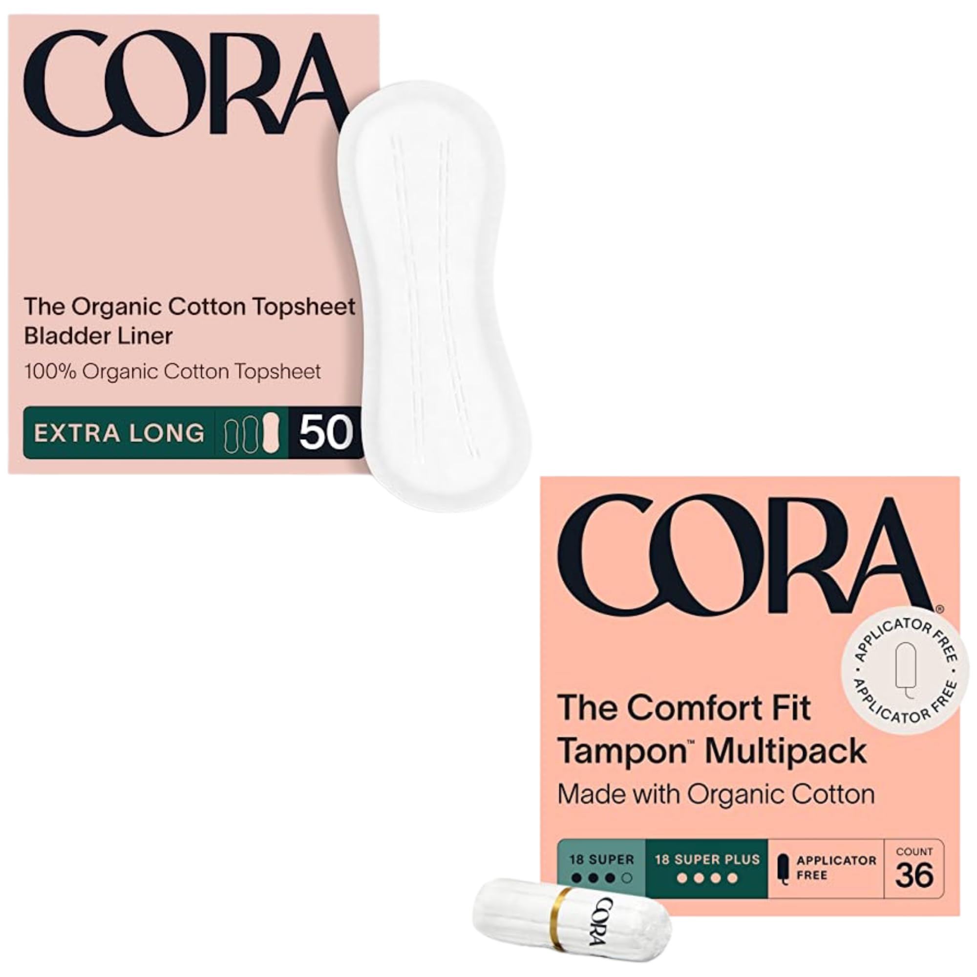 Cora Organic Feminine Care | 50 Extra Long Bladder Liners (Incontinence & Postpartum Pads) and 36S/S+ Non-Applicator Tampon Pack | Ultra-Absorbent, Unscented, Natural, Non-Toxic | Bundle Pack