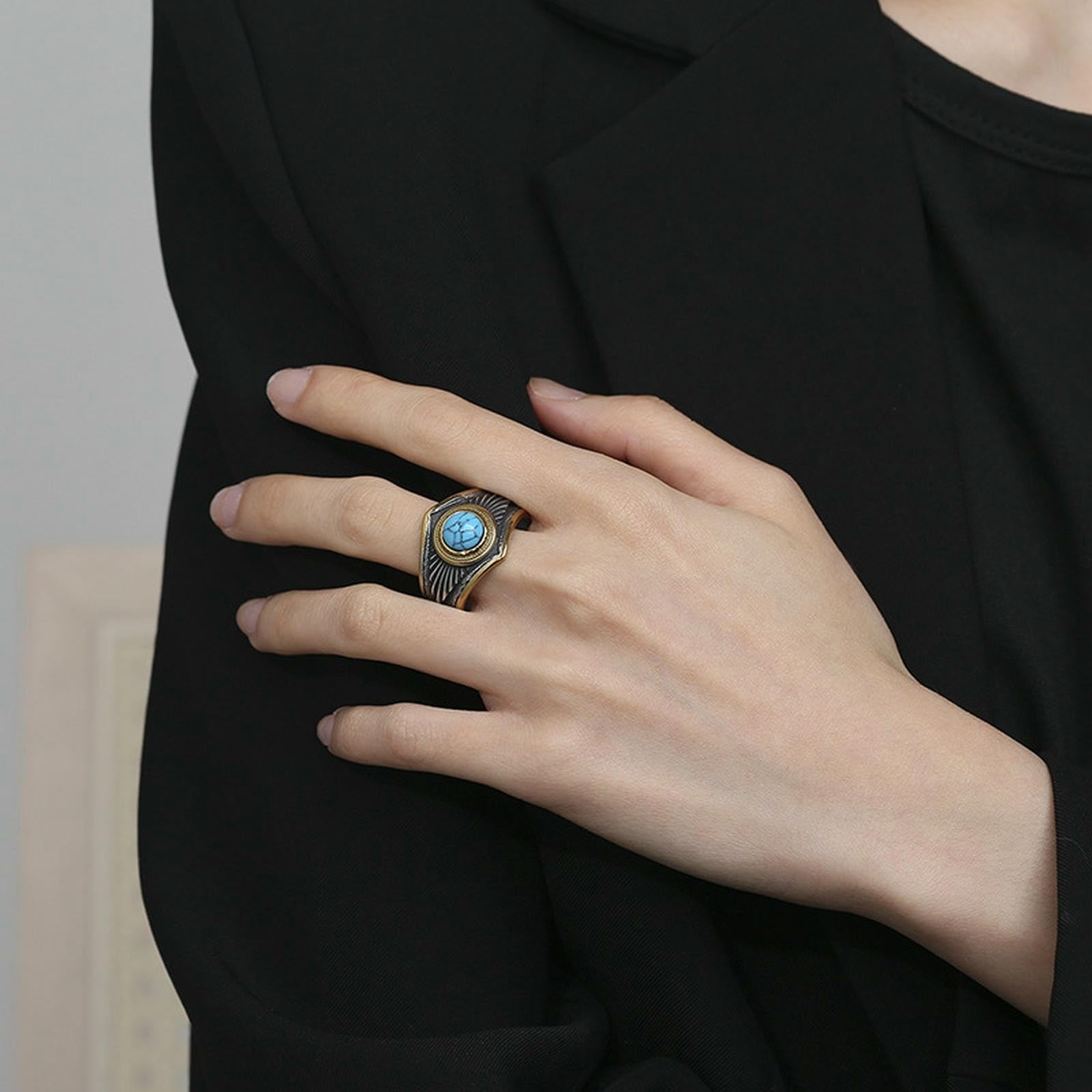 WBDWWTD Edelstahl-Vintage-Türkis-Ring, einzigartiges Geschenk im indischen Stil für Herren
