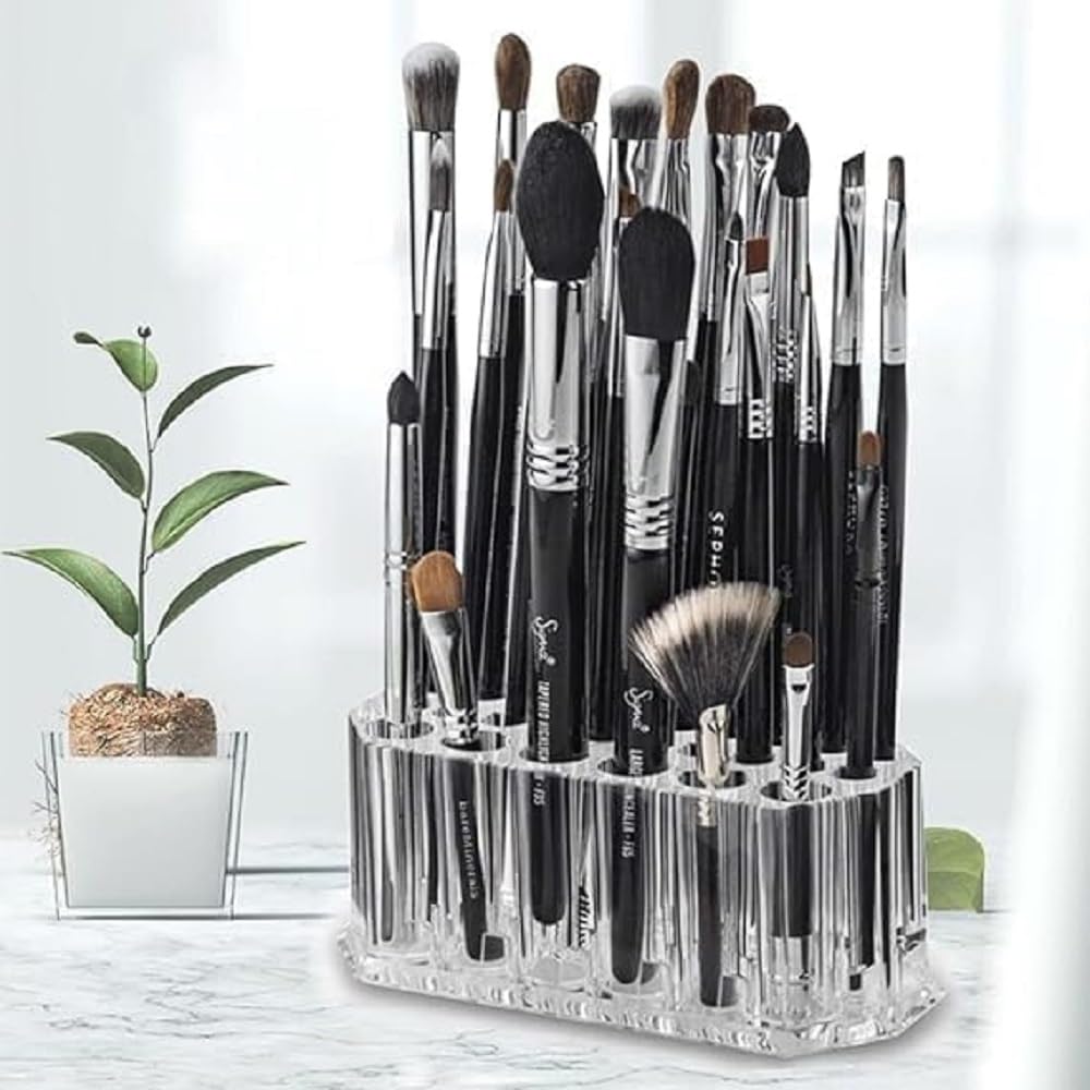 26 slot makeup brush holder organizer, clear acrylic cosmetic brush stand with multi compartments, makeup brush storage rack for vanity table, dressing table, bathroom & beauty studio