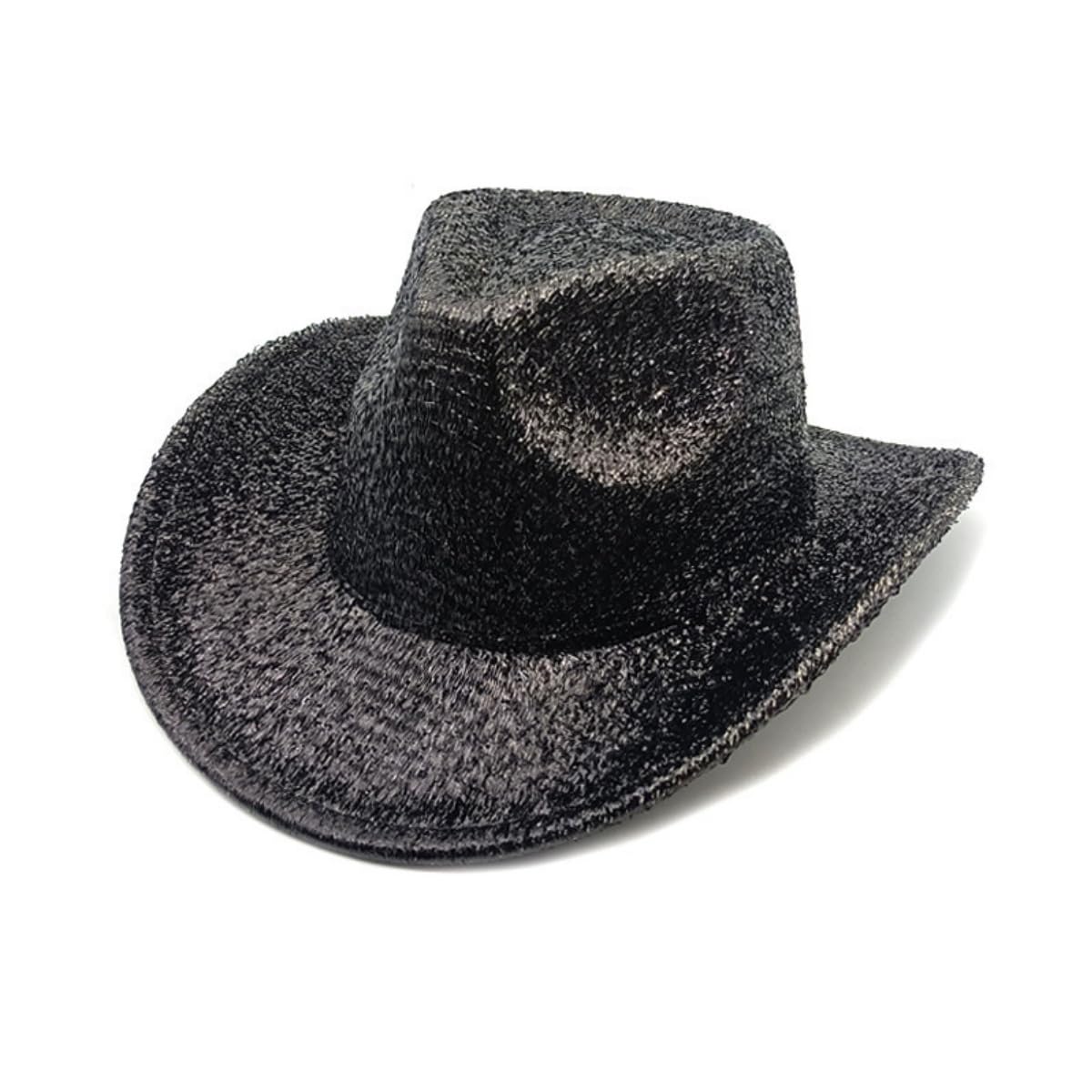 Morices Women's Black Shiny Cowboy Hat, Holographic Western Wide Brim Top Hat For Party Cosplay, Adjustable Metallic Solid Stage Cap, Sparkly Cowgirl Hats For Festival Rave Disco Nightclubs Cosplay Performance