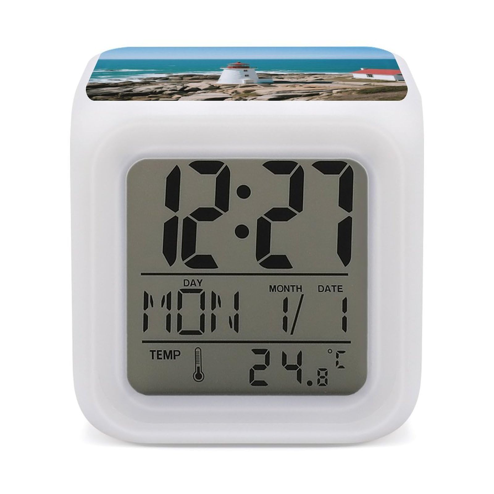 FodPand 7 Color Ambient Night Light Cube Battery Operated Lighthouse Digital Clock with Snooze Temperature LED Digital Alarm Clocks Dimmable Wake Up Light Portable Mood Lamp for Bedroom Desk Gift