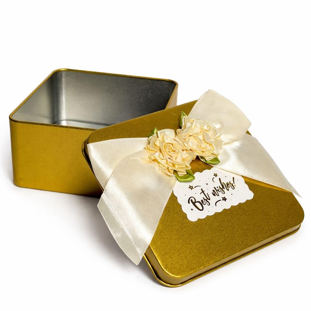 Gold Metal Tin Box with Lid, Decorative Gift Box with Cream Ribbon Bow-image-8
