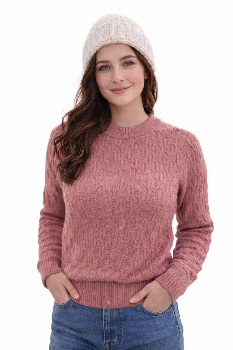 Women's Cable Knit Sweater, Pink, Long Sleeve, Crew Neck, Textured Pattern-image-28