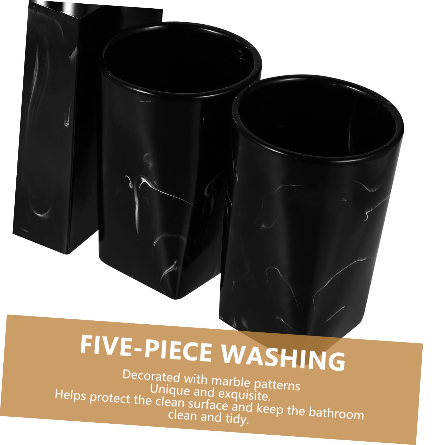 Healifty Set de Accesorios de Baño Diseño Jaspeado, Soporte para Cepillos de Dientes, Botella de Mano, Vasos para Enjuague y Jabonera de Resina Negra Práctica y Cómoda