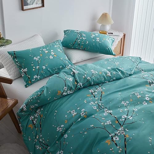 Miniatura 4 de Juego de funda de edredón azul tamaño individual con 1 funda de almohada, diseño de ramas de flores florales, funda de edredón de microfibra suave y