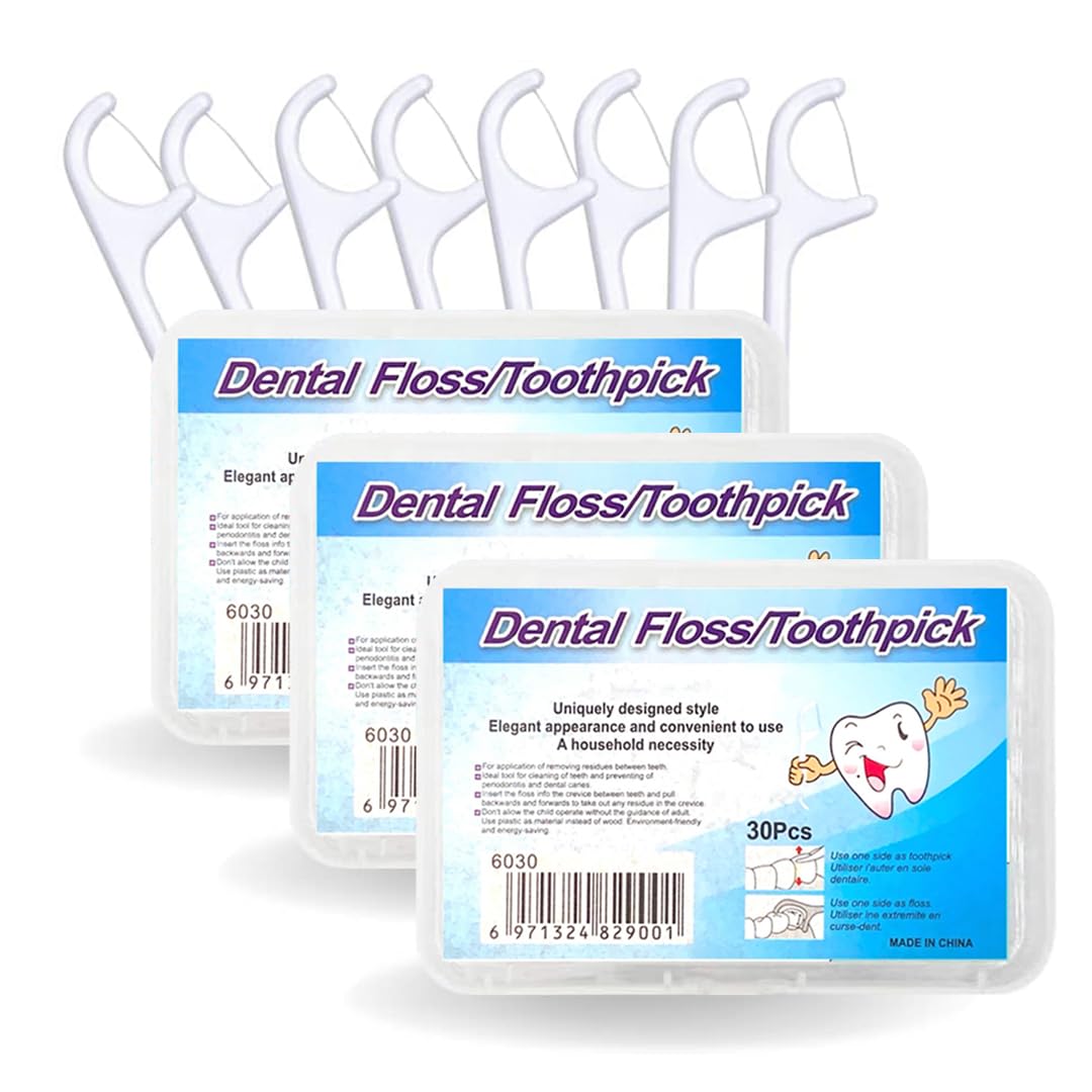 Flossers 3 in 1 Dental Floss Picks 30 Pcs flosser with tongue cleaner and toothpick for fresh breath and healthy gums (90)