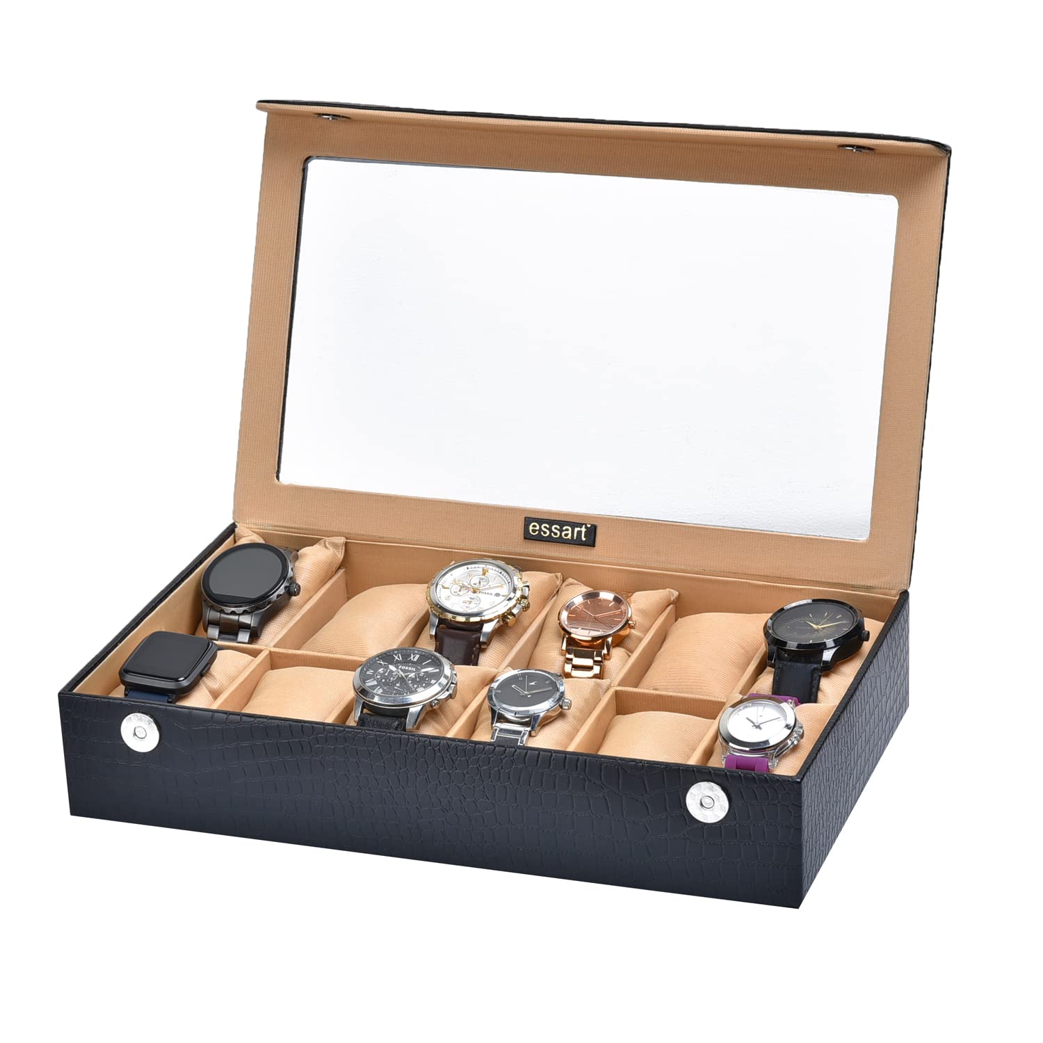 QADIER Croco-Black PU Leather watch box storage for men 12 Slots watch box organizer wedding gift mother day Bhiaya Dooj gift diwali gift anniversary gift –QAIDER-10028P-Black