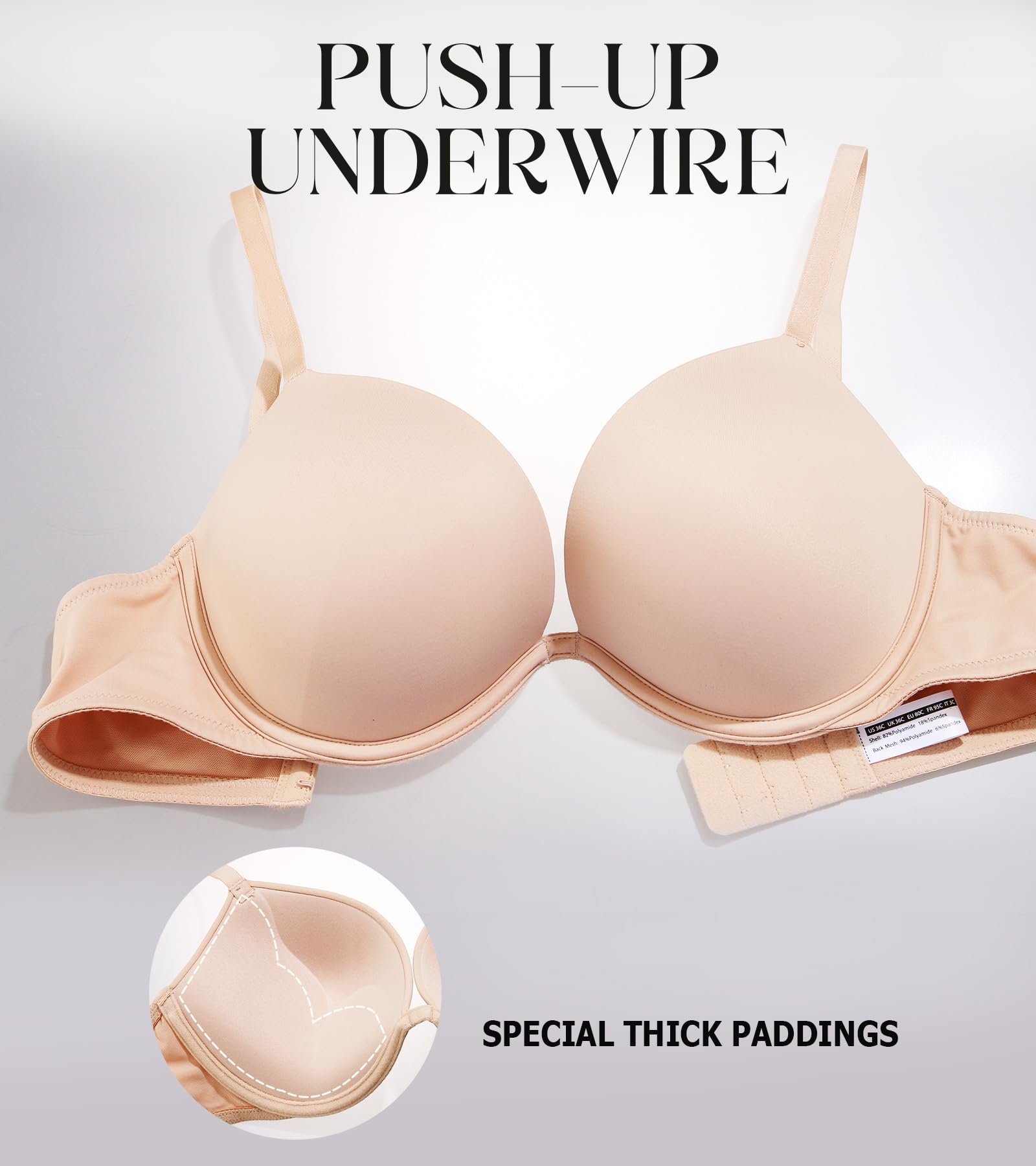 Lemorosy Reggiseno push-up imbottito da donna con profondo scollo a V e ferretto, 2 coppe