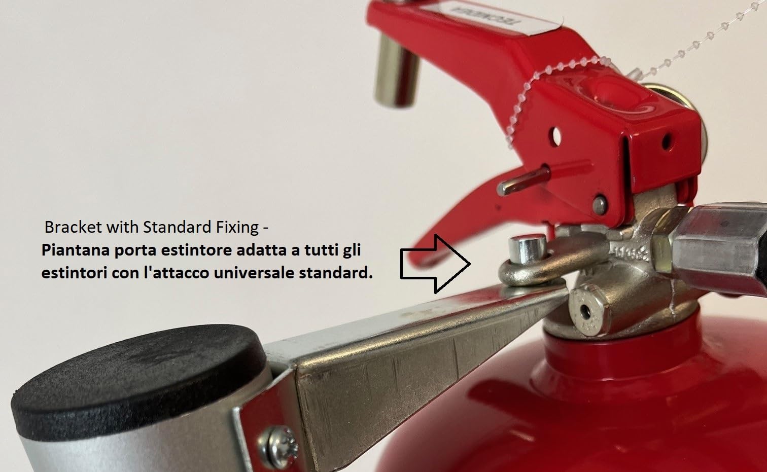 Soporte universal para extintor con conector estándar y letrero "extintor" incluido. Tecnidea PE1