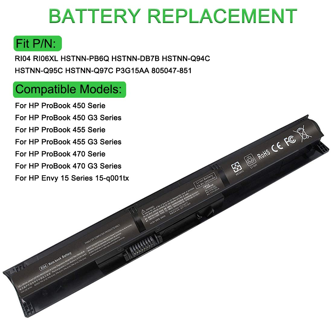 XITAIAN 14.8V 44Wh 2950mAh RI04 RI06XL Remplacement Batterie pour HP Envy 15-q001tx ProBook 450 455 470 G3 Series 805047-851 HSTNN-DB7B HSTNN-PB6Q HSTNN-Q94C HSTNN-Q95C HSTNN-Q97C P3G15AA