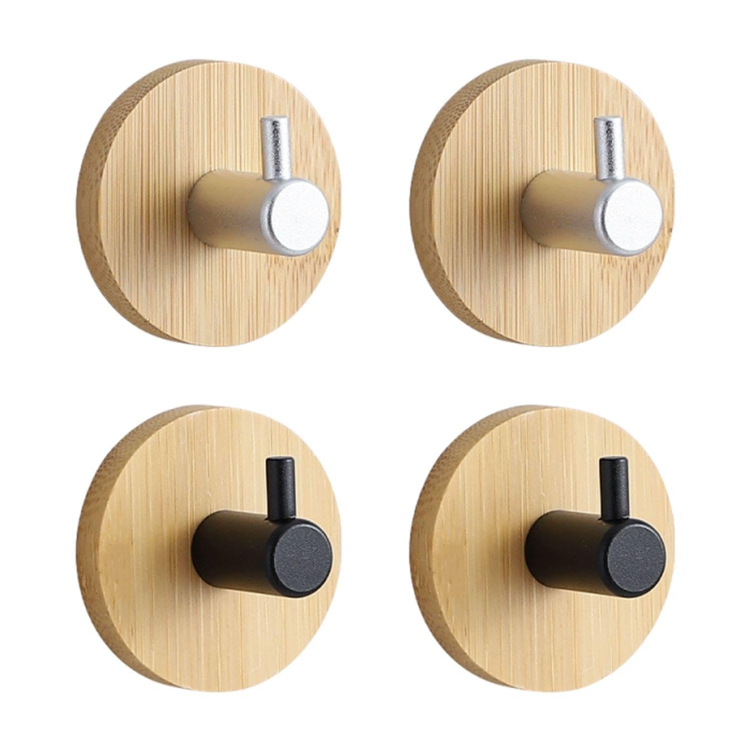 Wufgwbd Wood Color 4 Pieces Wooden Base Hooks, Round Hooks, Self-Adhesive Hooks, Coat Hooks, Home Accessories, Item Hanging Tools