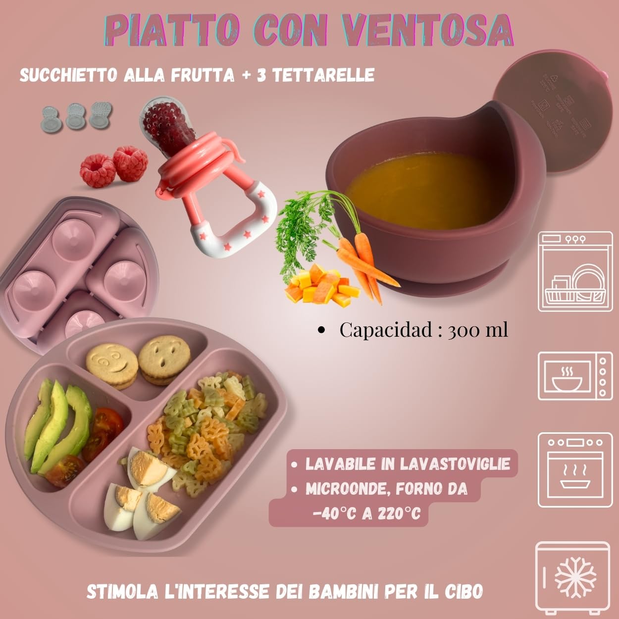 FlexiTot | Set prima pappa svezzamento – Cucchiaio silicone, bicchiere, contenitore frutta, piatto con ventosa, babero impermeabile, ciotola antiscivolo, accessori BLW | 6+ mesi | Rosa |Senza BPA