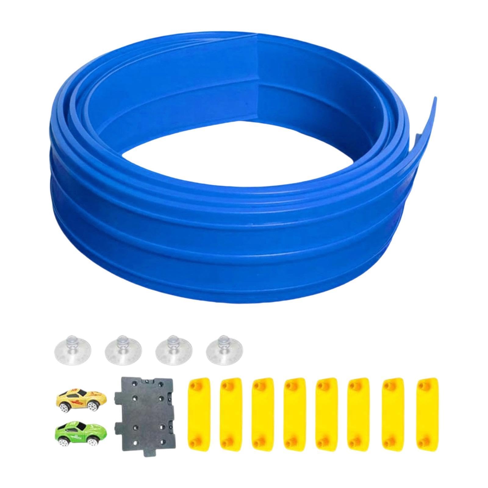Flexible Rennstrecke Spielzeug Set mit Saugknöpfen Kompakte Rennbahn für Kinder Robuste Diecast Autos DIY Rennbahn Bastelset für Familienausflug Kinde, Blau, 4m