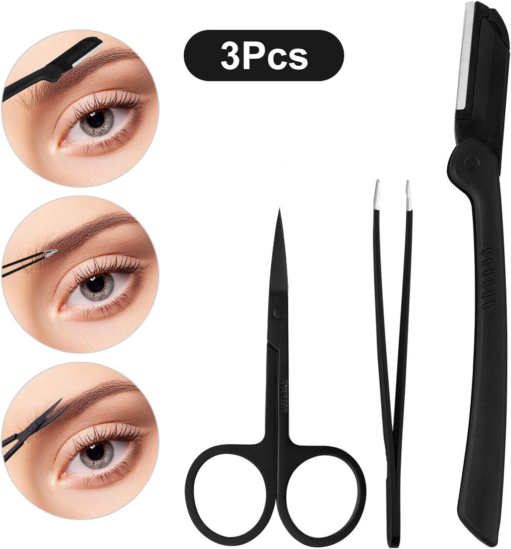 3Pcs Eyebrow Shaping Tool Set, Eyebrow Grooming Kit for Beginners Women Men, Eyebrow Set with Tweezers Scissors Eyebrow Razor, Stainless Steel, Black