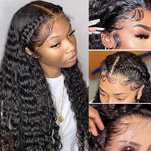 Image of tobasew Deep Wave Lace Front Wigs Human Hair 13x4 HD Transparent Lace Frontal Human Hair Wigs for Women Glueless Brazilian Virgin Hair Pre Plucked Natural Black Color 26inch