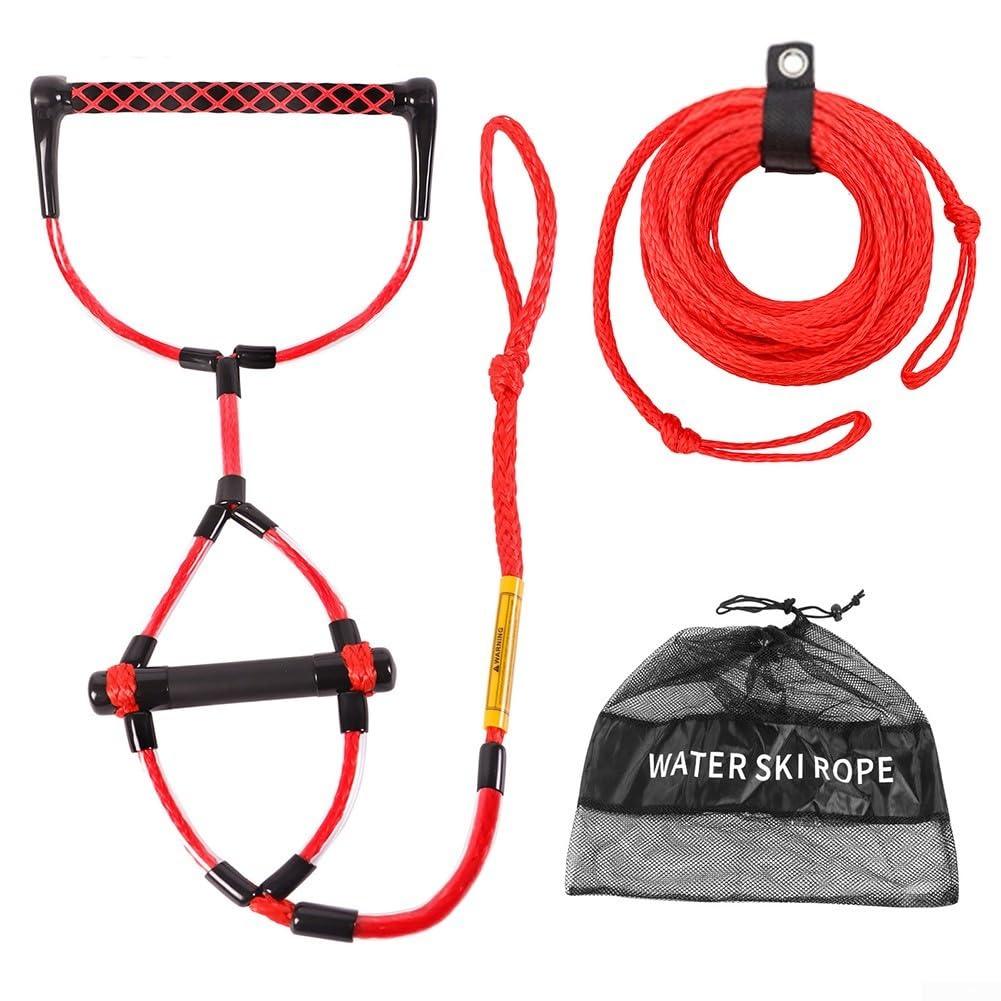 Cuerda de remolque para deportes acuáticos de 75 pies con mango de EVA, línea de wakeboard ajustable para rodillas, esquí acuático, tubo, rafting, diseño flotante, color rojo y negro