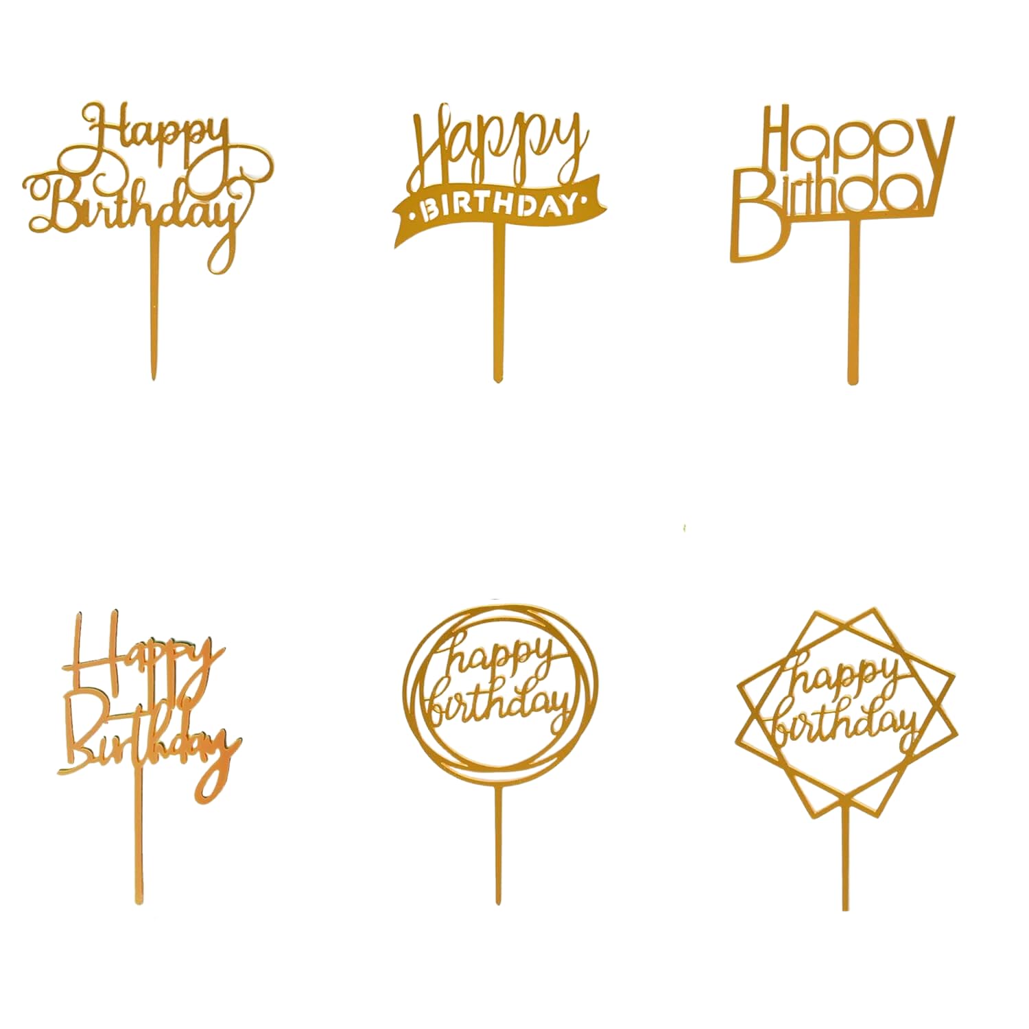 MILAANAMO 6 Pack Multi-Style Birthday Cake Topper Set – Acrylic Cake Bunting Decor and Picks, Gold – Party Decorations and Supplies for Birthday Celebrations Decorating