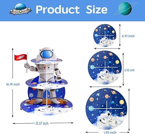 Miniatura 3 de Soporte para cupcakes de astronauta, soporte de cartón de 3 niveles, decoraciones de fiesta temática del espacio exterior, exhibición de torre de