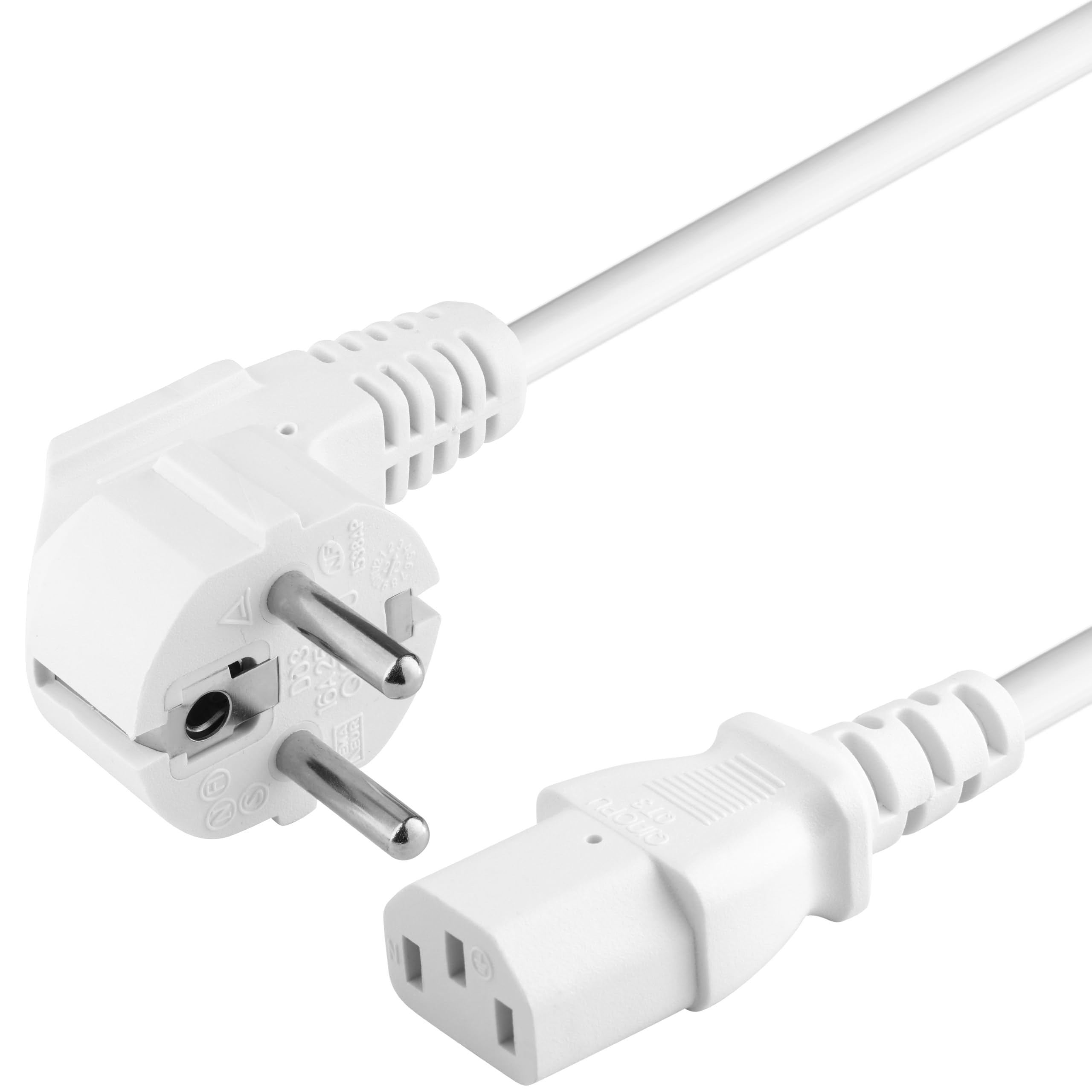 PremiumCord Kabel Zasilający 230V 5m, Kabel Zasilający ze Stykiem Uziemiającym pod Kątem do Gniazda C13, IEC 320, Kabel Zasilający PC 3-pin, 5m, Biały