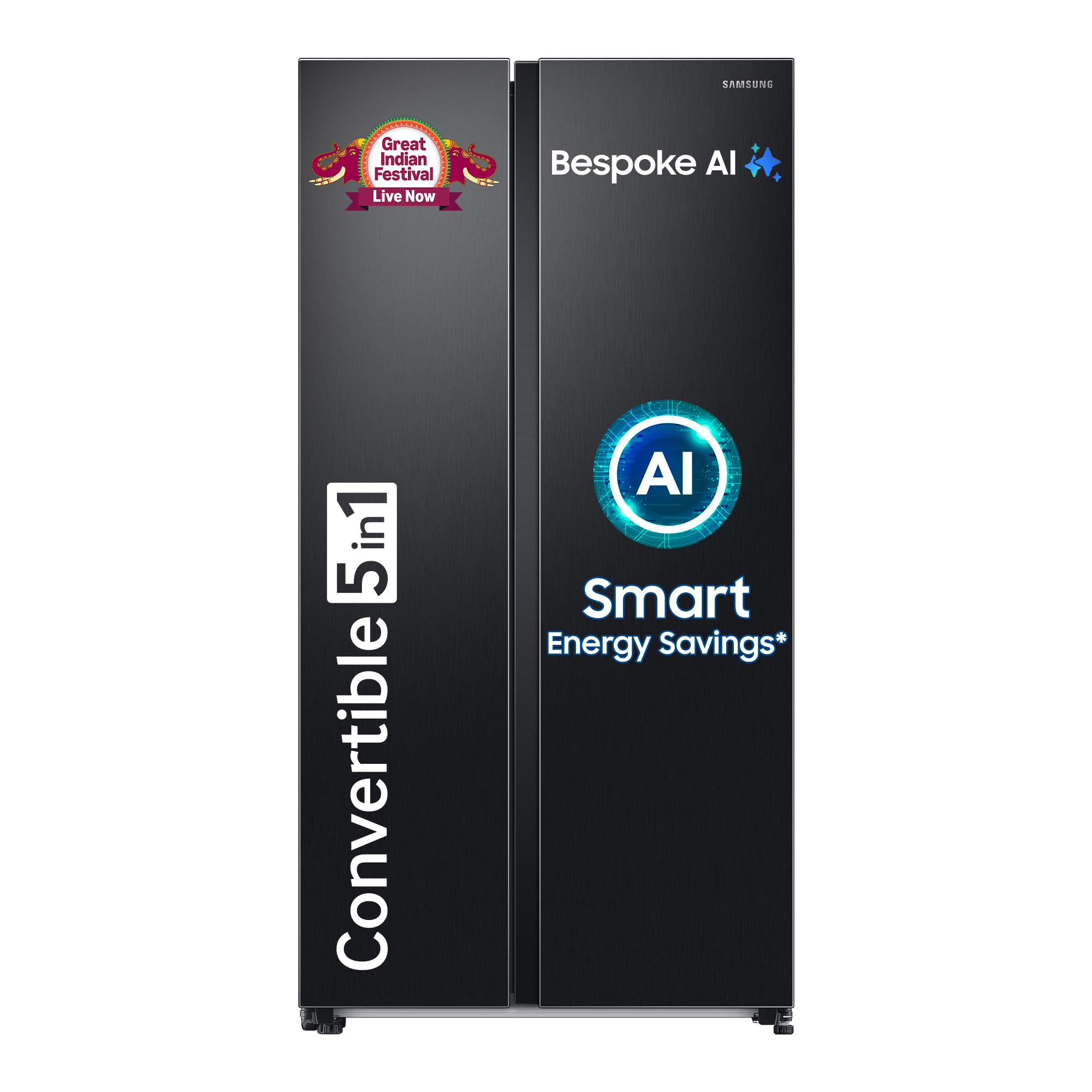 Samsung 653 L, 3 Star, Frost Free, Double Door, Convertible 5-in-1 Digital Inverter, Side By Side AI Enabled Smart Refrigerator with WiFi (RS76CG8003B1HL, Black Matte/Black DOI) — image 1 of 15