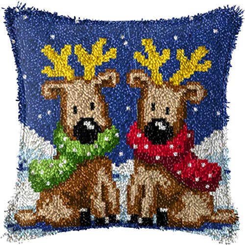 Image of Christmas Deer Latch Hook Pillow Kits for Adults Beginners Pre-Printed | Home Sofa Cushion Cover Preprinted Canvas Crochet Yarn Kits Needlework Crafts Festival Gift for Adults Beginner 17X17 Inch