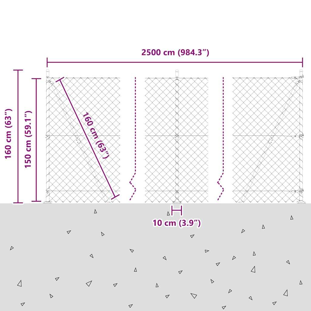 vidaXL Cerca de eslabones de Cadena con Base de concreto 1,5 x 25 m, Jardín y terraza, Postes de Acero Modernos, Cerca Resistente al Clima, protección UV, divisores para tu Paisaje