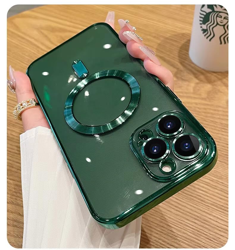 Image of TPU Designed for iPhone 15 Pro Max Luxury Electroplating Case [Magnetic MagSafe] [Integrated Lens Protection] Back Cover Case for iPhone 15 Pro Max (Green)