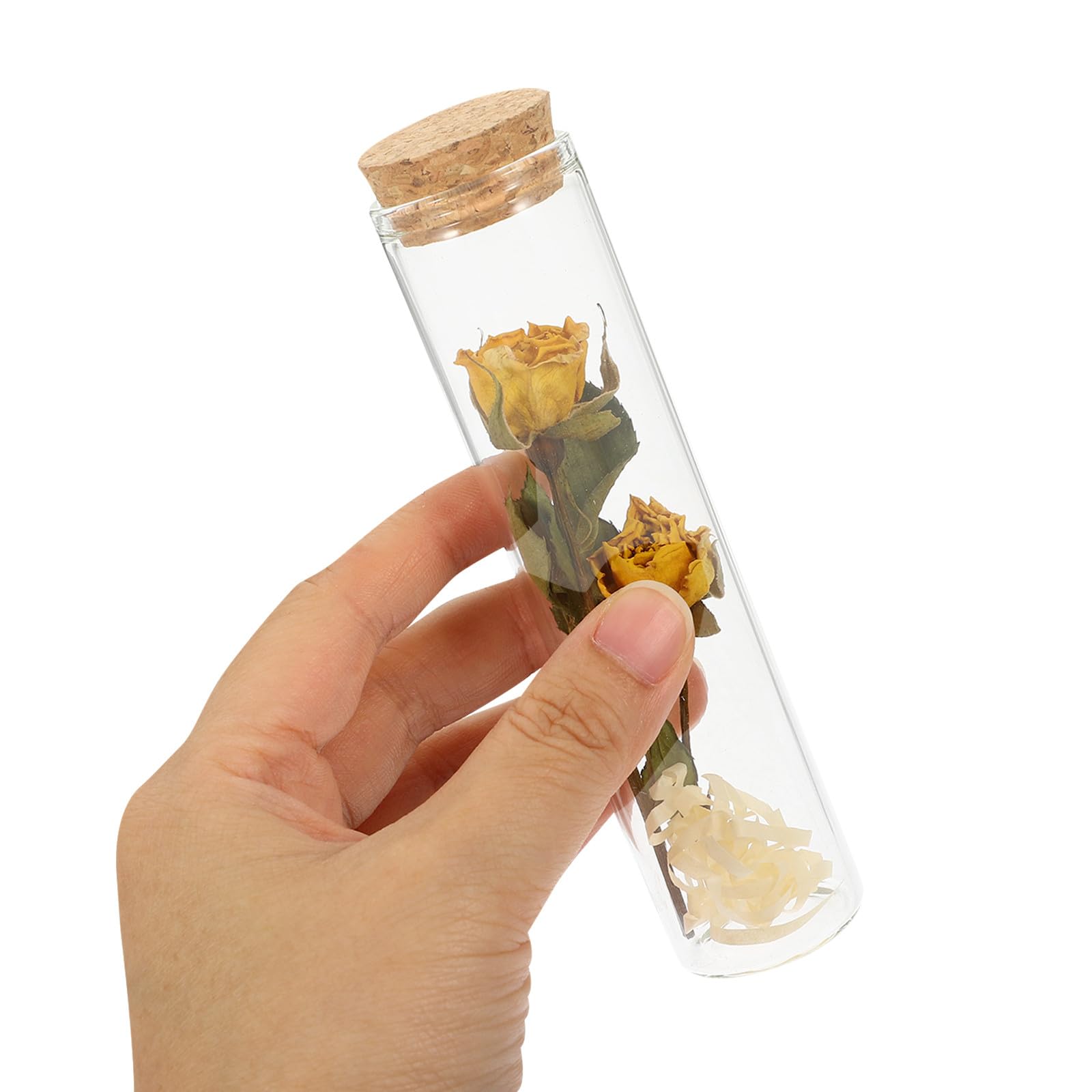 Bottiglie dei Desideri in Vetro Trasparente Tappo di Sughero e Fiori Secchi Rossi e Gialli, Set da 2 per Decorazioni Natalizie e Ufficio