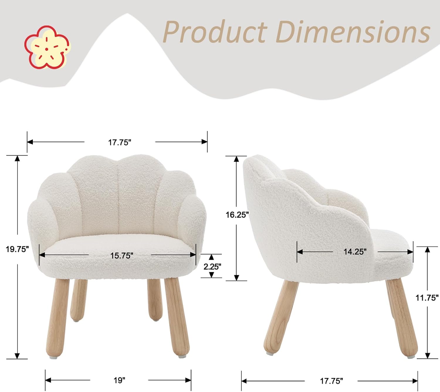 Toddler Chairs, Kid Chairs with Solid Wooden Frame, Toddler Armchair Comfy, Upholstered Kids Chair with Flower Back, Kid Sofa, Toddler Couch for Playroom, Kindergarten & Preschool, White