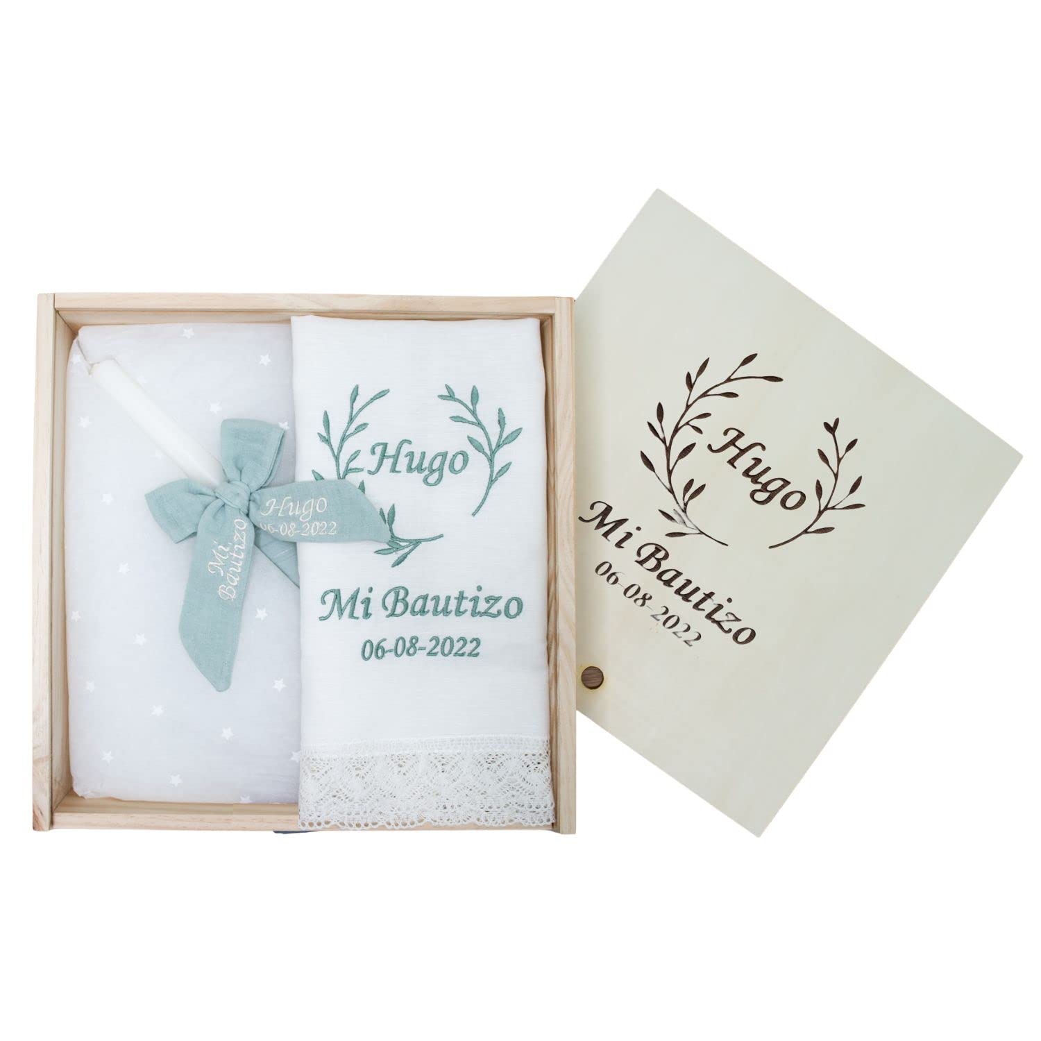 Kit de vela y pañuelo personalizado para Bautizo - Incluye caja de madera grabada – Pack de vela decorada y Paño bordado con nombre y fecha del Bautismo - Modelo Bambula (Verde menta)