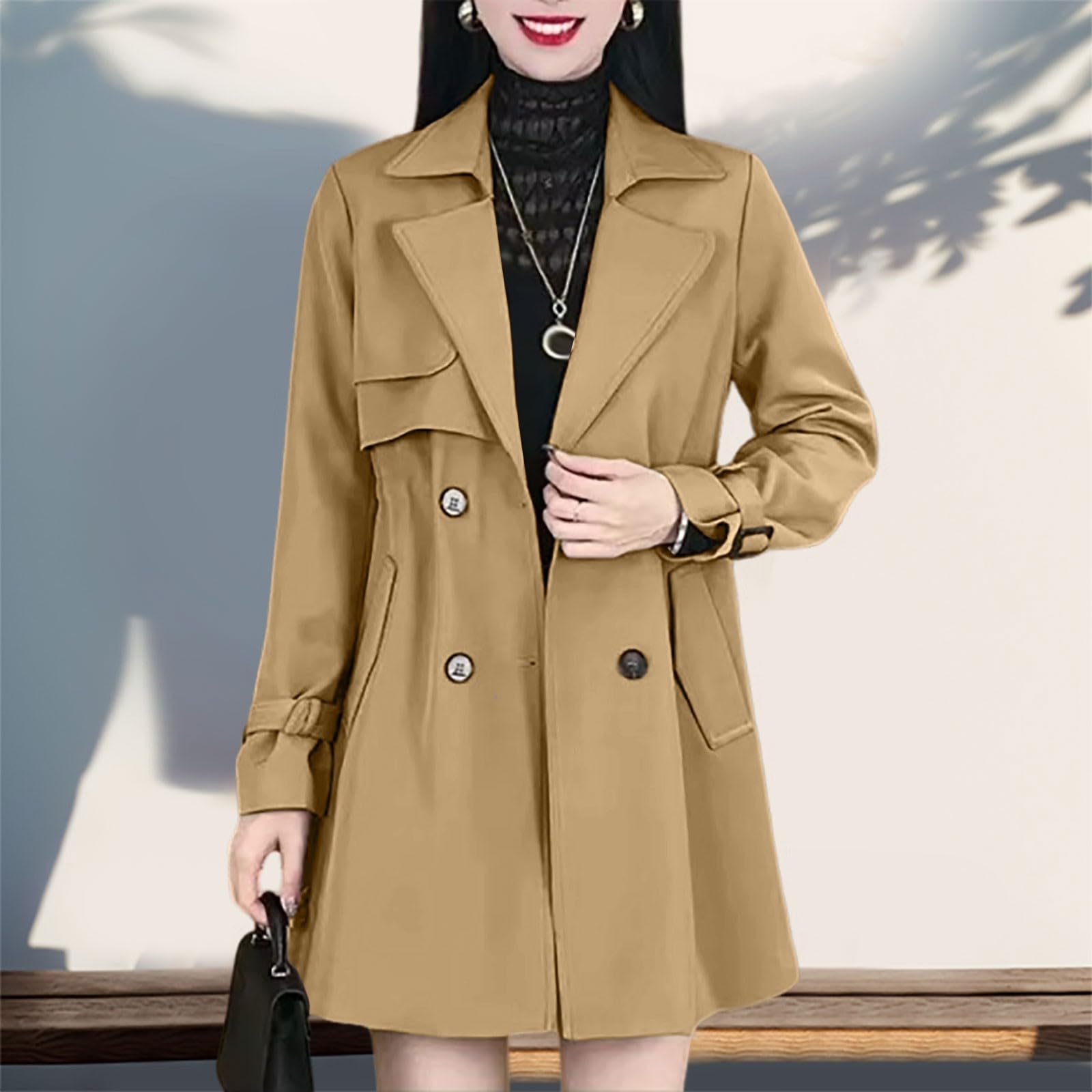 Trench confortable à revers cintré manteau léger à double boutonnage mi-long manteau mince mi-long veste softshell femme coupe droite, kaki, S