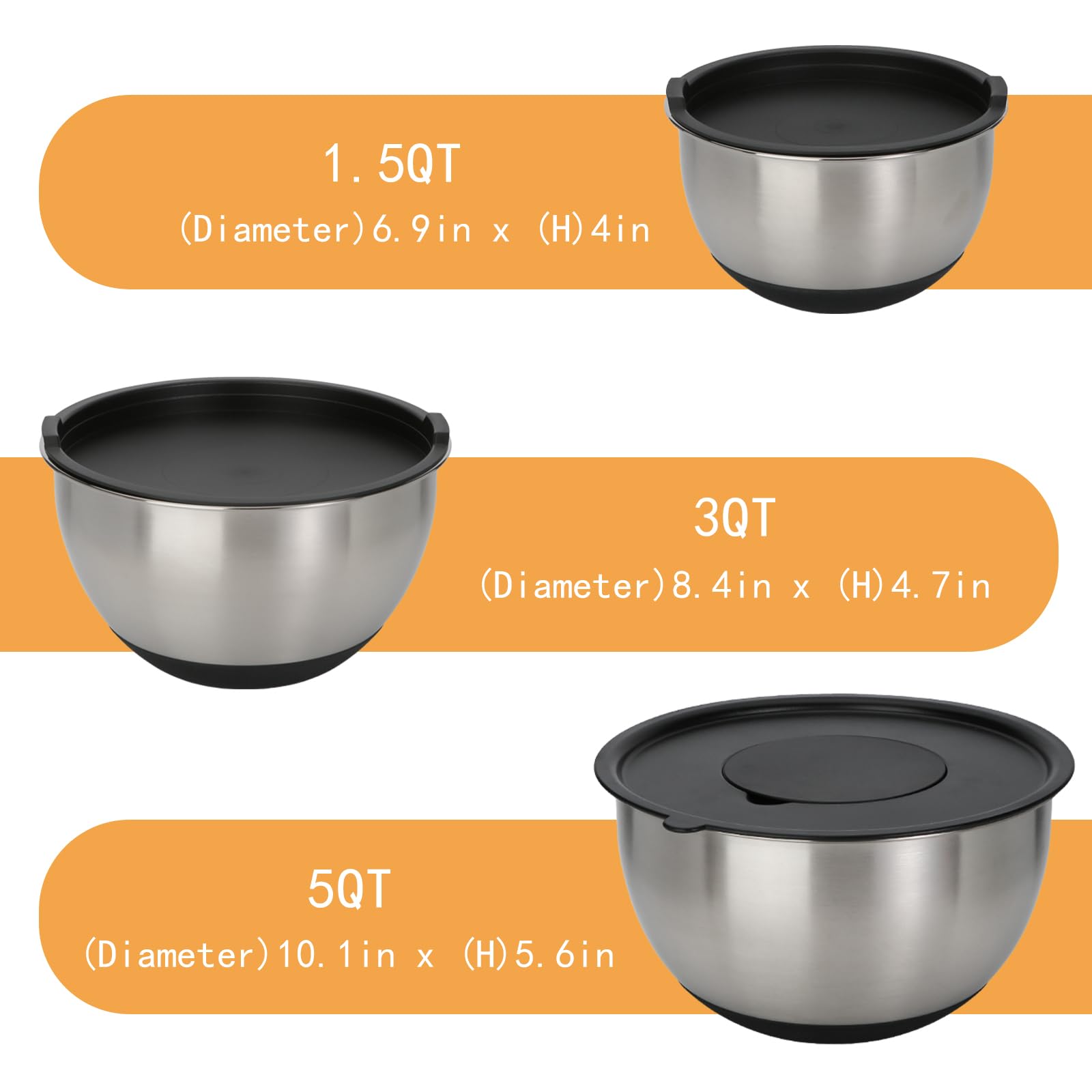 Juego de cuencos para mezclar de acero inoxidable de 9 a 1.5, 3.0, 5 cuartos de galón, con tapas herméticas, base antideslizante, anidamiento de metal, almacenamiento, ensalada, hornear, elegancia en
