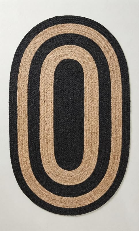 Tapis ovale en jute naturelle, fait à la main, noir/beige, 0,8 x 1,2 m