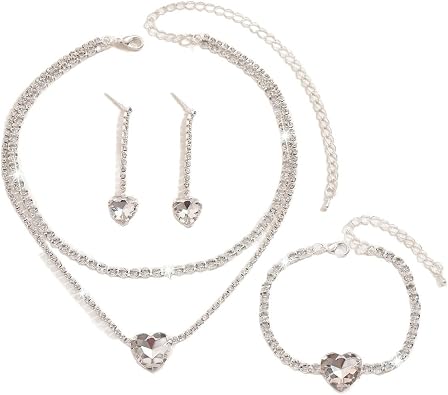 WCRAZYE Rhinestone Heart Jewelry Set, Silver Crystal Pendant Necklace, Earring, Bracelet for Women, Wedding, Bridal Silver