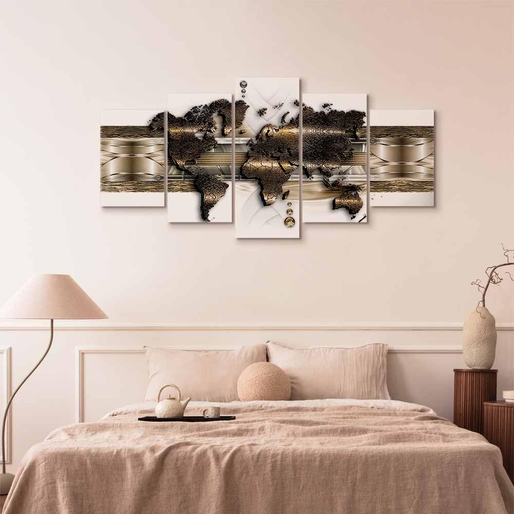 Cuadros B&D XXL - Quadro Mappamondo 200x100 cm 5 Pezzi - Stampa su Tela Strutturata XXL Grande - Quadri Moderni Componibili Camera da Letto Matrimoniale - Stampe da Parete Arte k-A-0022-b-n