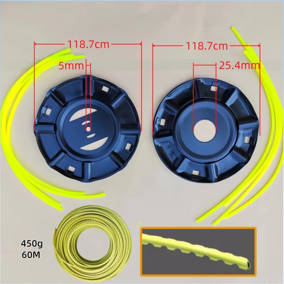 Żelazna głowica z podwójną żyłką z systemem stukania, szpula żyłki do podkaszarki, prosty adapter gwintu i antypoślizgowy uchwyt (rozmiar otworu 5 mm, 60 m + żyłka do trymera)