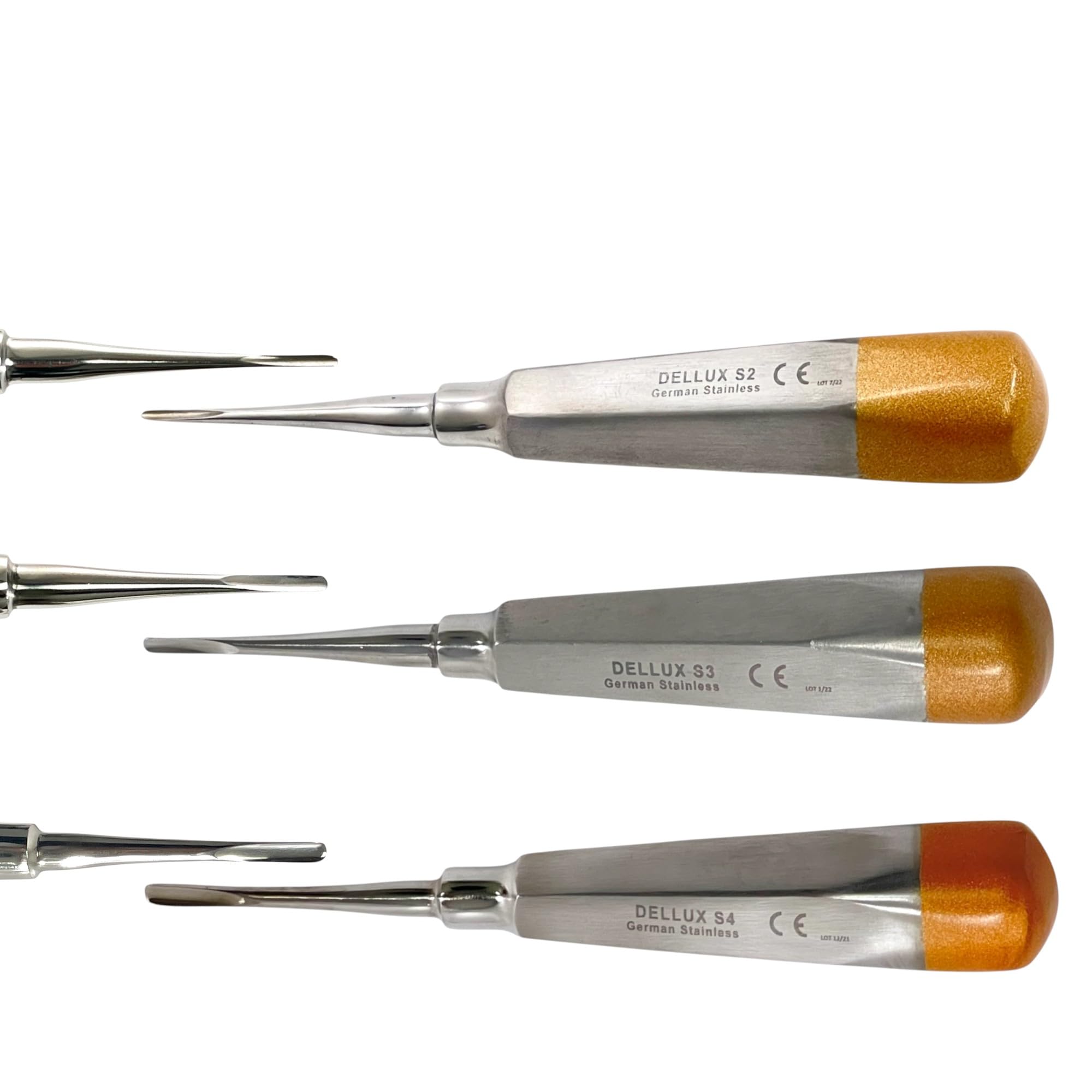 Straight Tipped 2mm + 3mm + 4mm Dental Tooth Root Extraction Elevators - Luxating Picks - Gold Color-Coded German Stainless Steel (3PK)