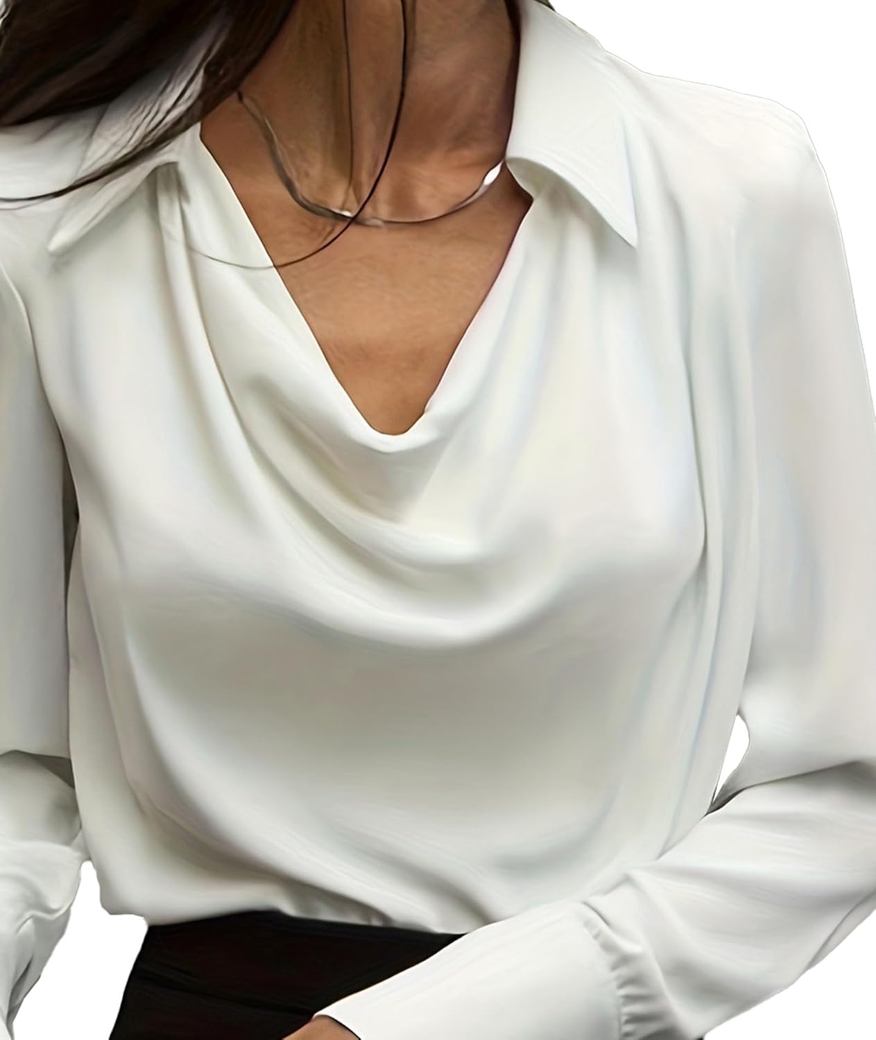 SOMTHRON Women's Elegant Satin Silk Blouse Cowl Neck Ruched Front Draped Long Sleeve Work Office Shirt Top - Image 3