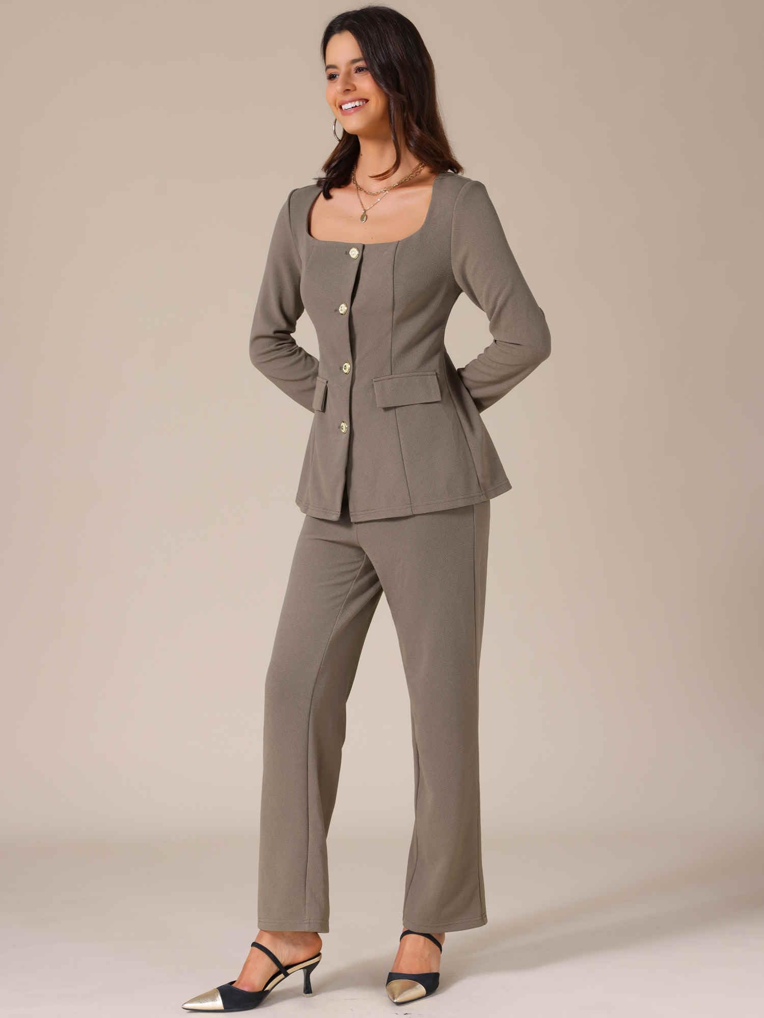 Allegra K Donna Elegante Business Blusa Scollo Quadrato e Pantaloni Lunghi
