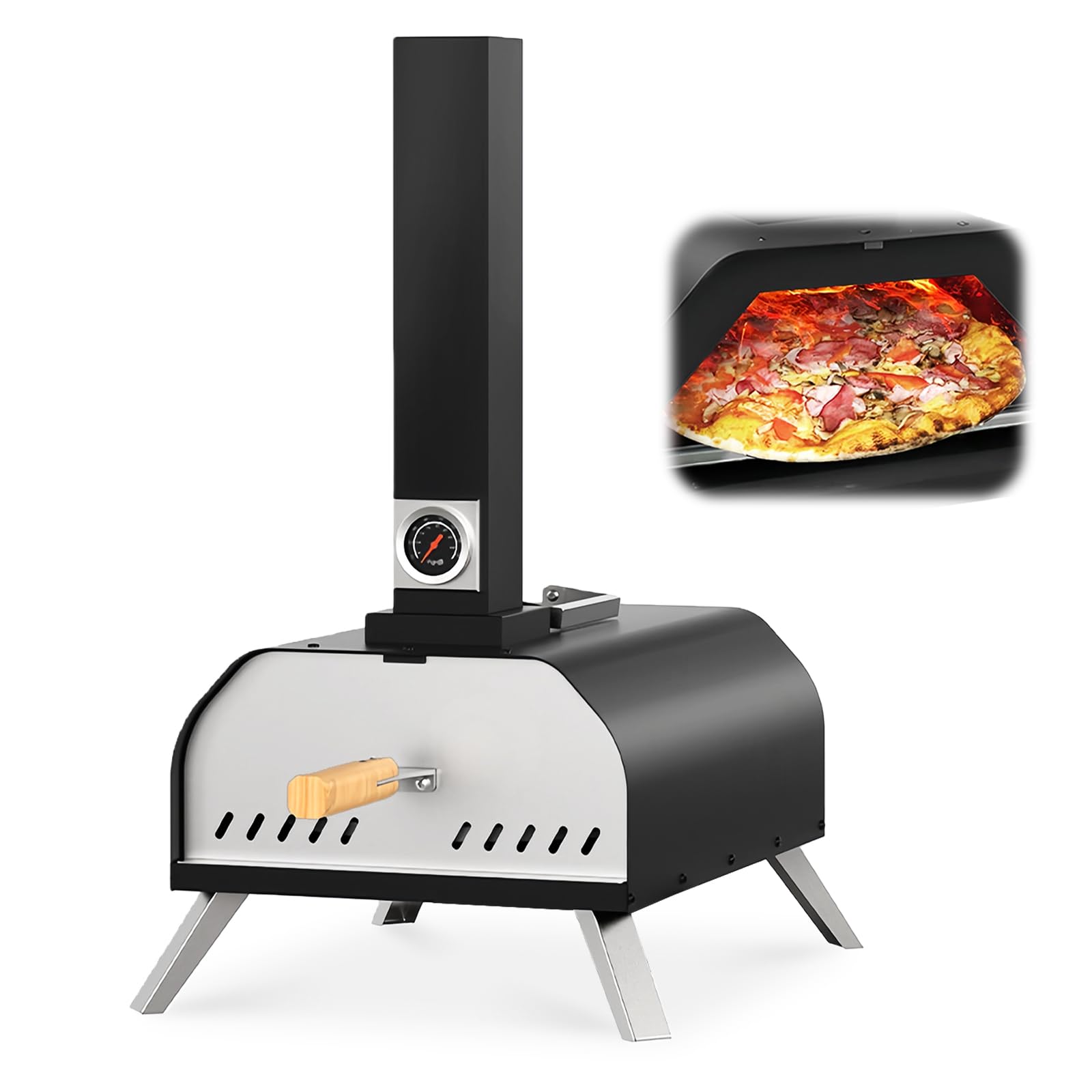 Forno per pizza a pellet in legno con pietra, termometro e gambe pieghevoli