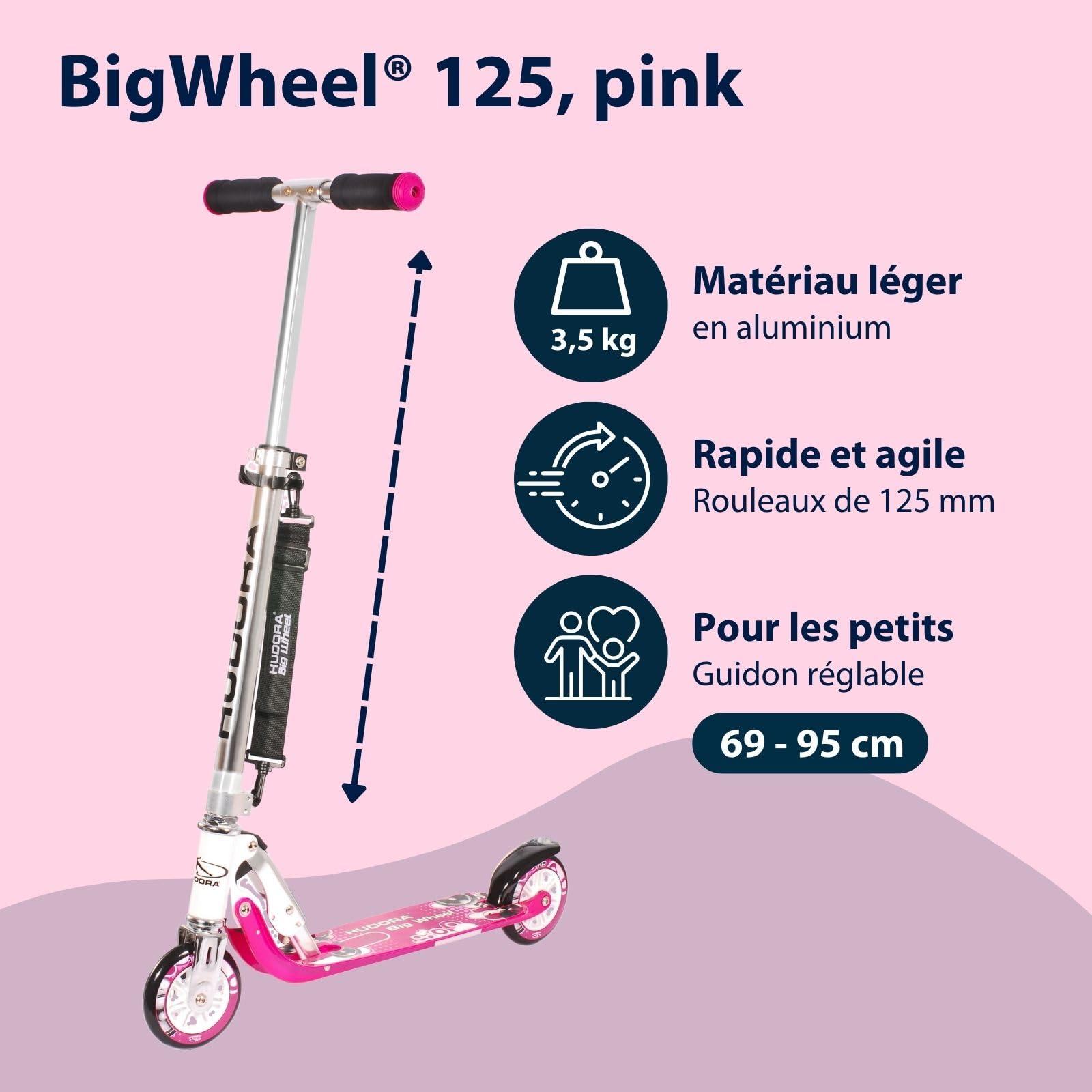 HUDORA BigWheel Scooter 125 - rose - Trottinette en aluminium sûre et de haute qualité pour enfants - Réglable en hauteur pour jusqu'à 100kg - Trottinette pliable stable avec sangle de transport