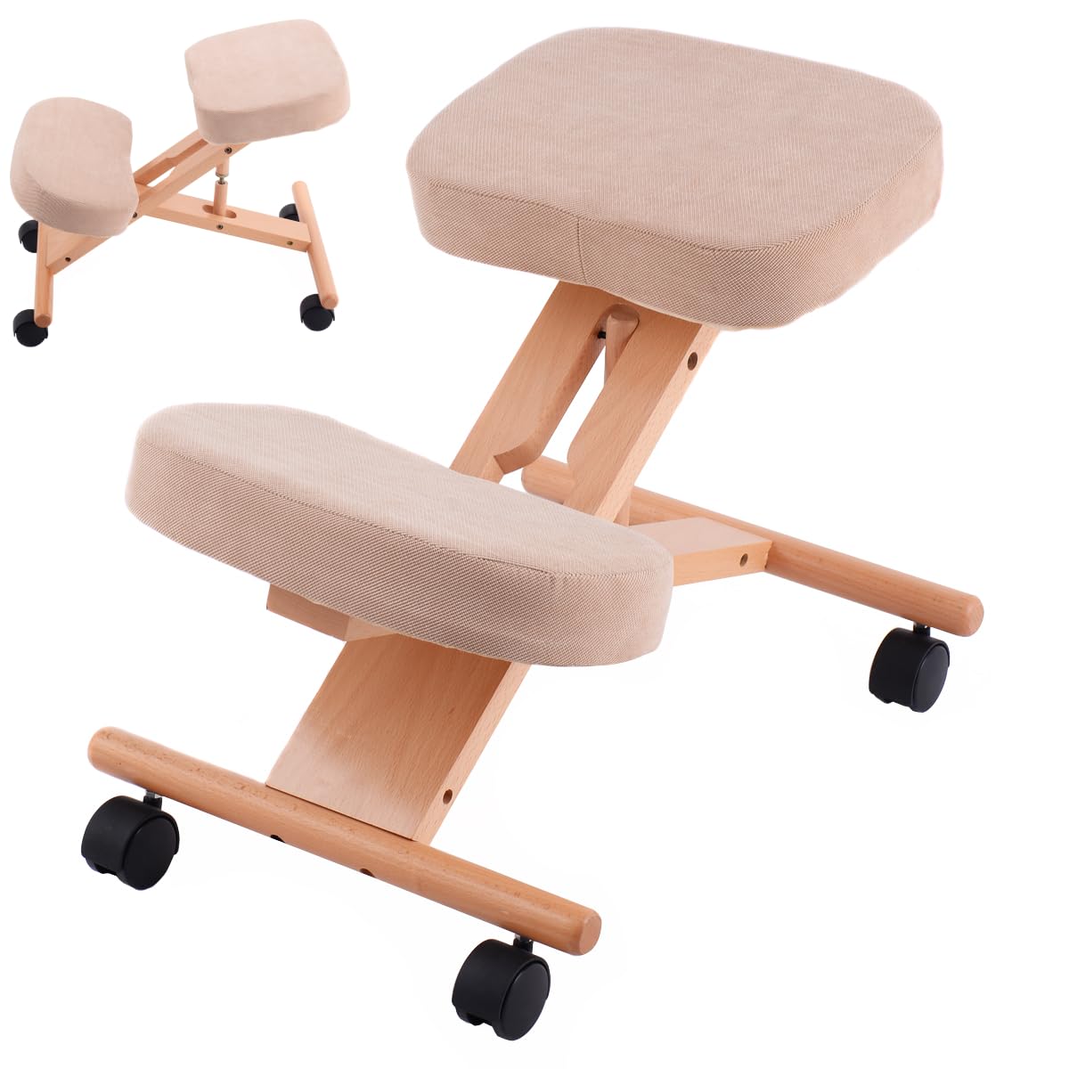 SFAREST Ergonomic Kneeling Chair, 270lbs Load, Beige, Solid Wood, Comfortable Kneeling Stool for Home Office, Improves Posture, Relieves Back Pain