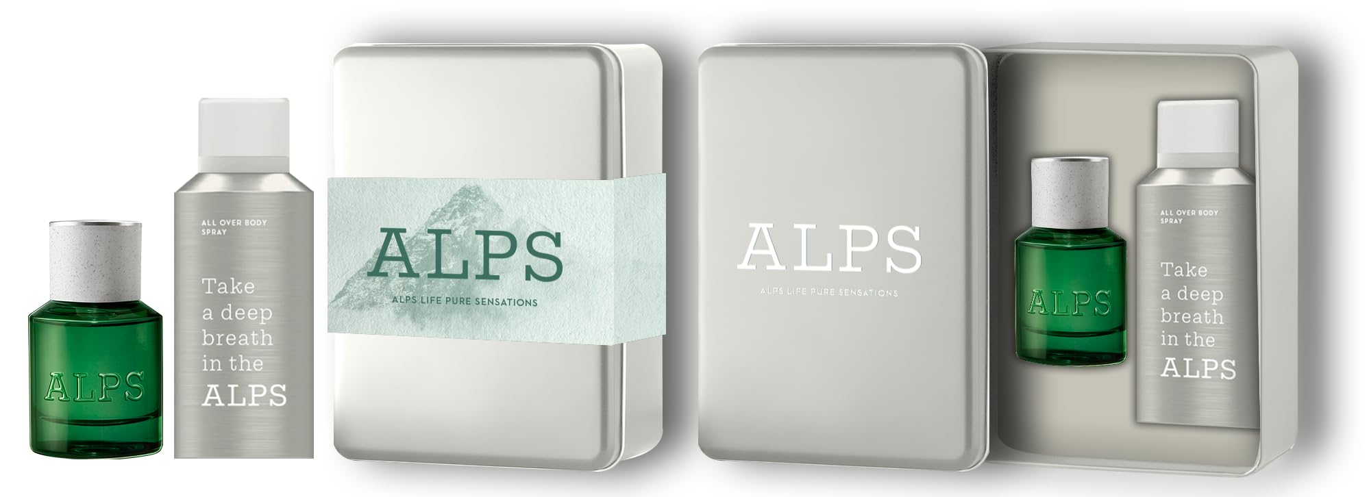 ALPS Metal Box Set Regalo Unisex – Eau de Parfum 50 ml + Deodorante Spray 150 ml – Fragranza Fresca e Naturale Ispirata alle Alpi con Bergamotto, Limone, Zenzero e Incenso
