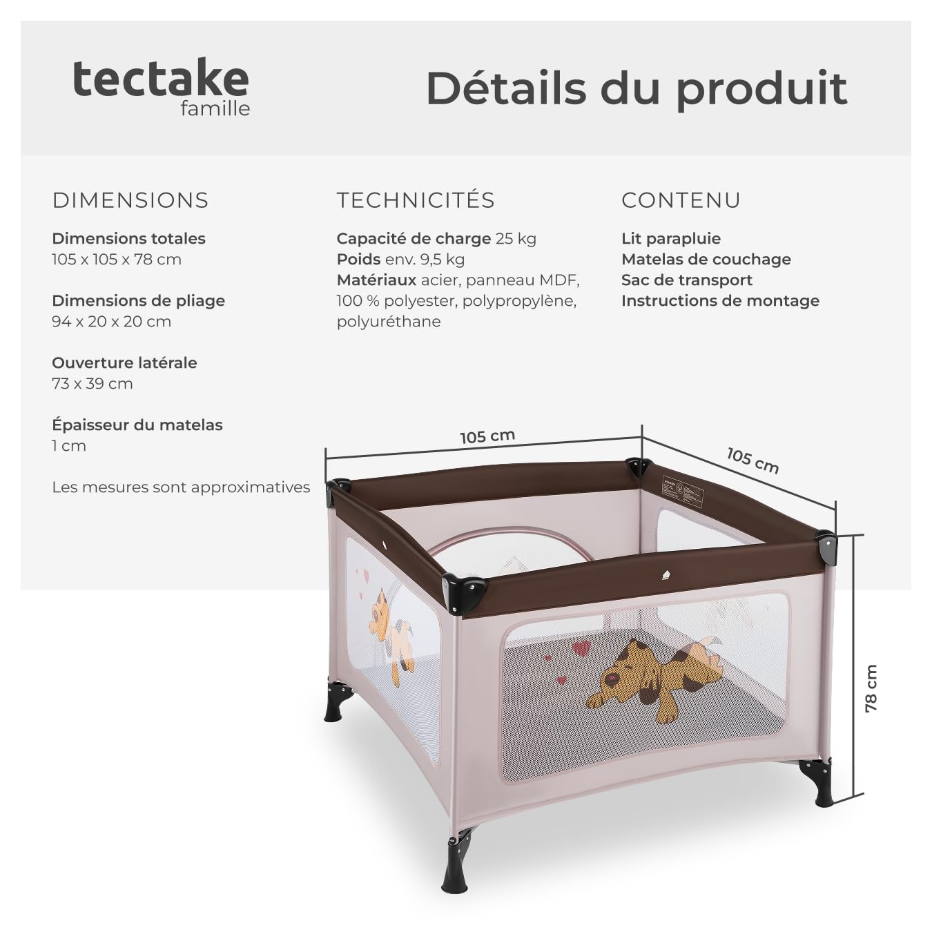 tectake® Parc bébé Lit Parapluie avec Matelas Pliable Lit Bébé Voyage léger avec Sac de Transport, Mobilier Enfant idéal pour Maison ou Voyage Equipement Bebe Parc Bebe