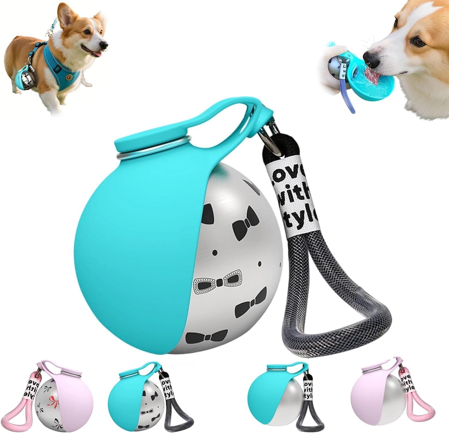 Foldable Pet Water Bottle for Travel, 2 in 1 Portable Dog Water Bottle, Water Bottle for Dogs on Walks, Stainless Steel Bottle & Silicone Bowl, for Walking Hiking Small Dog Water Bottle (Blue+Print)